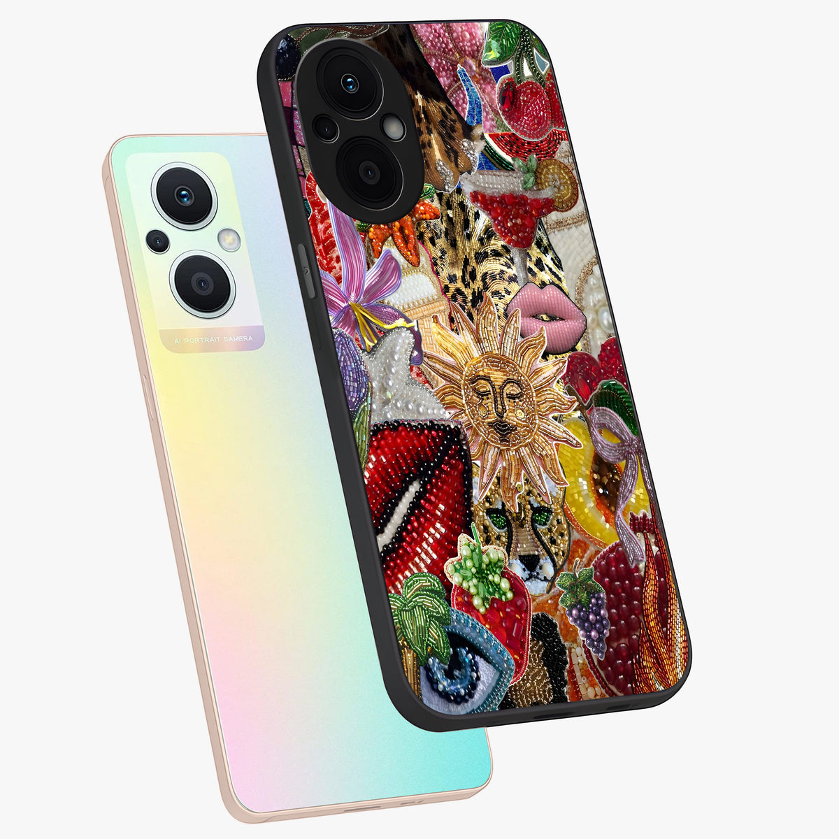 Beaded Fashion Jungle Glass Case displayed in angled mockup highlighting colorful fashion bead design and artistic pattern.