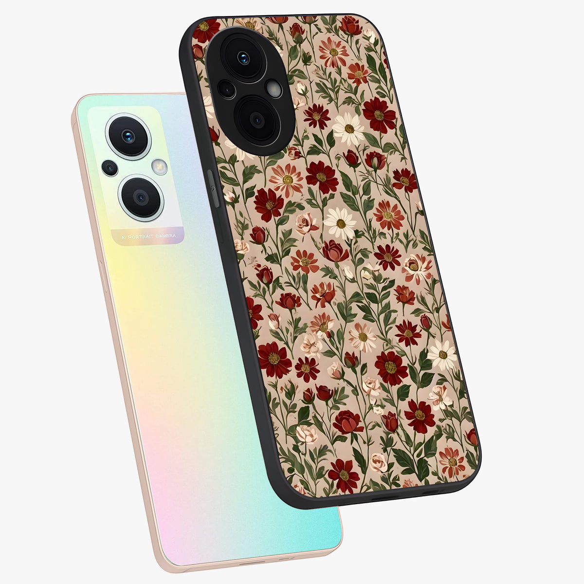 Biege Flower With Leaf Glass Case displayed in angled mockup highlighting minimal floral leaf design and elegant aesthetic.