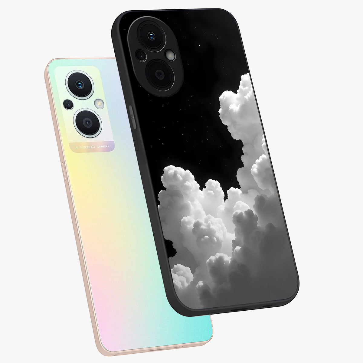 Black Background With White Cloud Glass Case displayed in angled mockup highlighting soft white cloud illustration and minimal design.