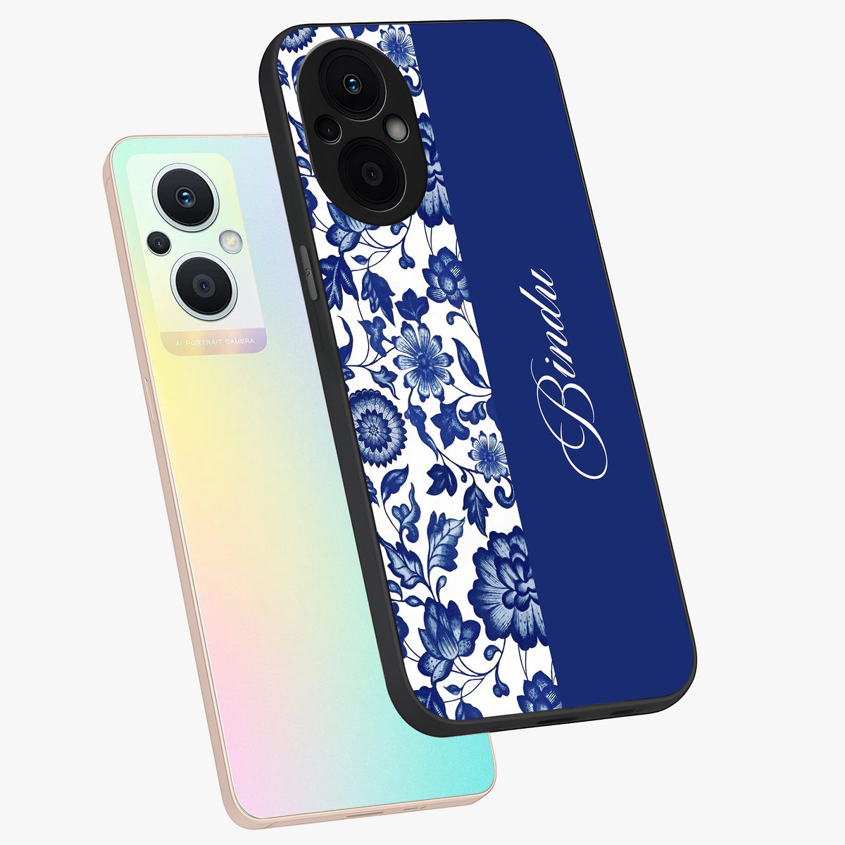 Blue Vintage Floral Pattern Glass Case displayed in angled mockup highlighting subtle bloom pattern with aesthetic pastel design.
