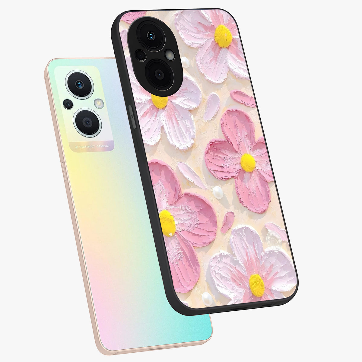 Blush Bloom Texture Glass Case displayed in angled mockup highlighting subtle bloom pattern with aesthetic pastel design.