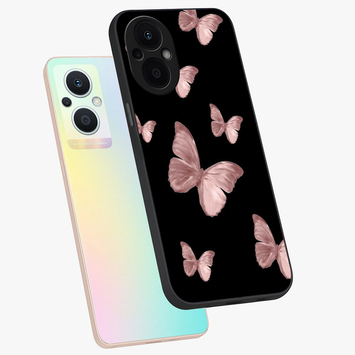 Butterfly Pattern Glass Case displayed in angled mockup highlighting delicate butterfly design and aesthetic pattern style.