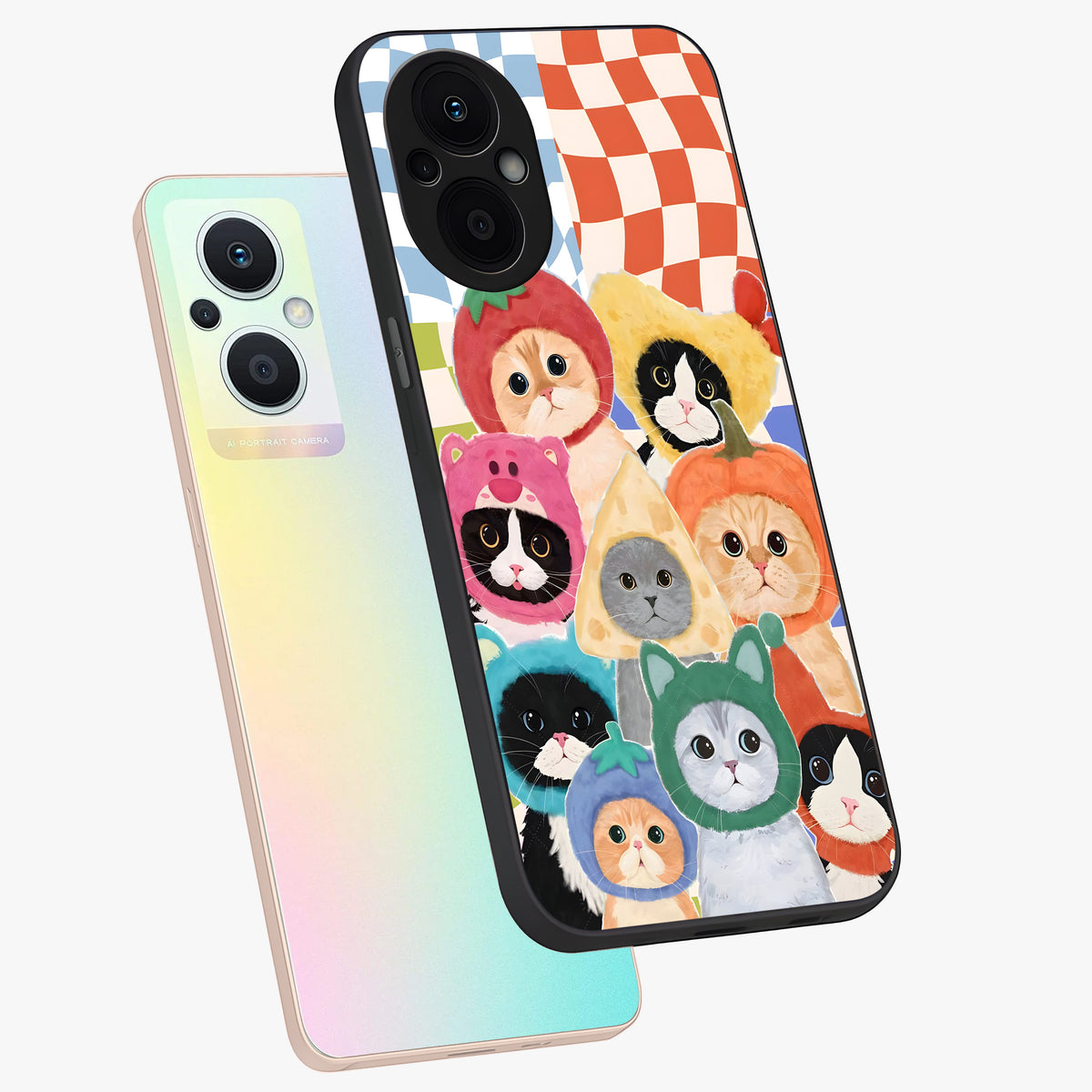 Cats in Fruits Glass Case displayed in angled mockup highlighting cute feline fruit design with colorful aesthetic style.