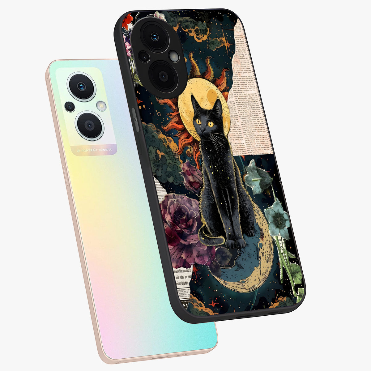 Celestial Black Cat Glass Case displayed in angled mockup highlighting cosmic black cat design with celestial aesthetic.