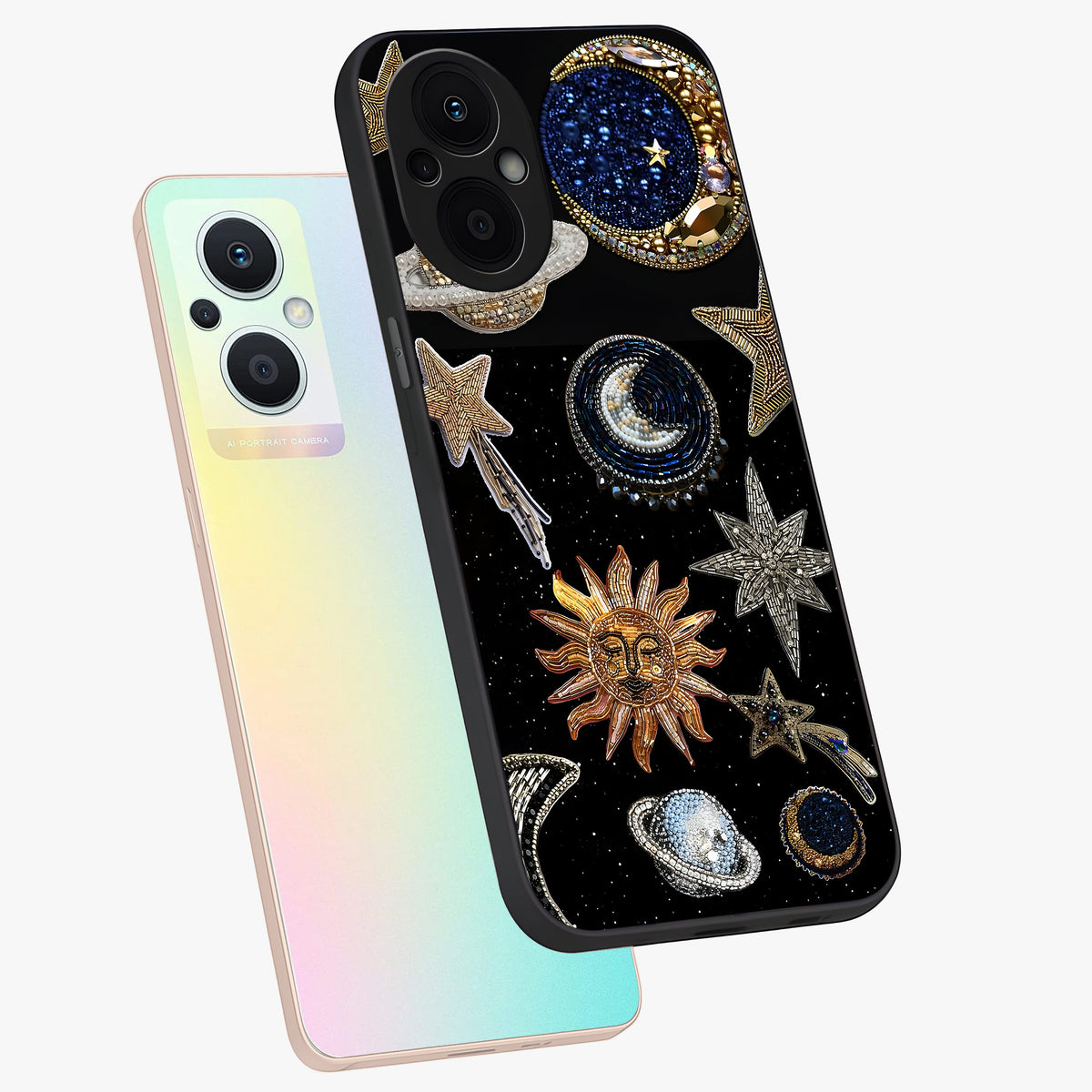 Celestial Gem Constellations Glass Case displayed in angled mockup highlighting gemstone inspired constellation design.