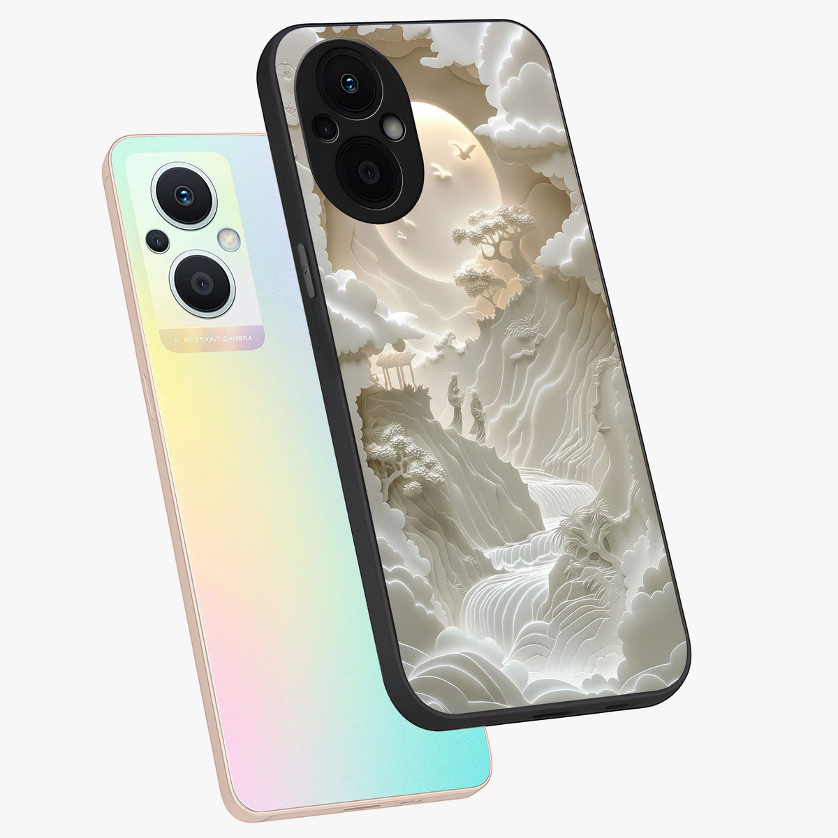 Celestial Origami Glass Case displayed in angled mockup highlighting geometric origami design with cosmic aesthetic theme.