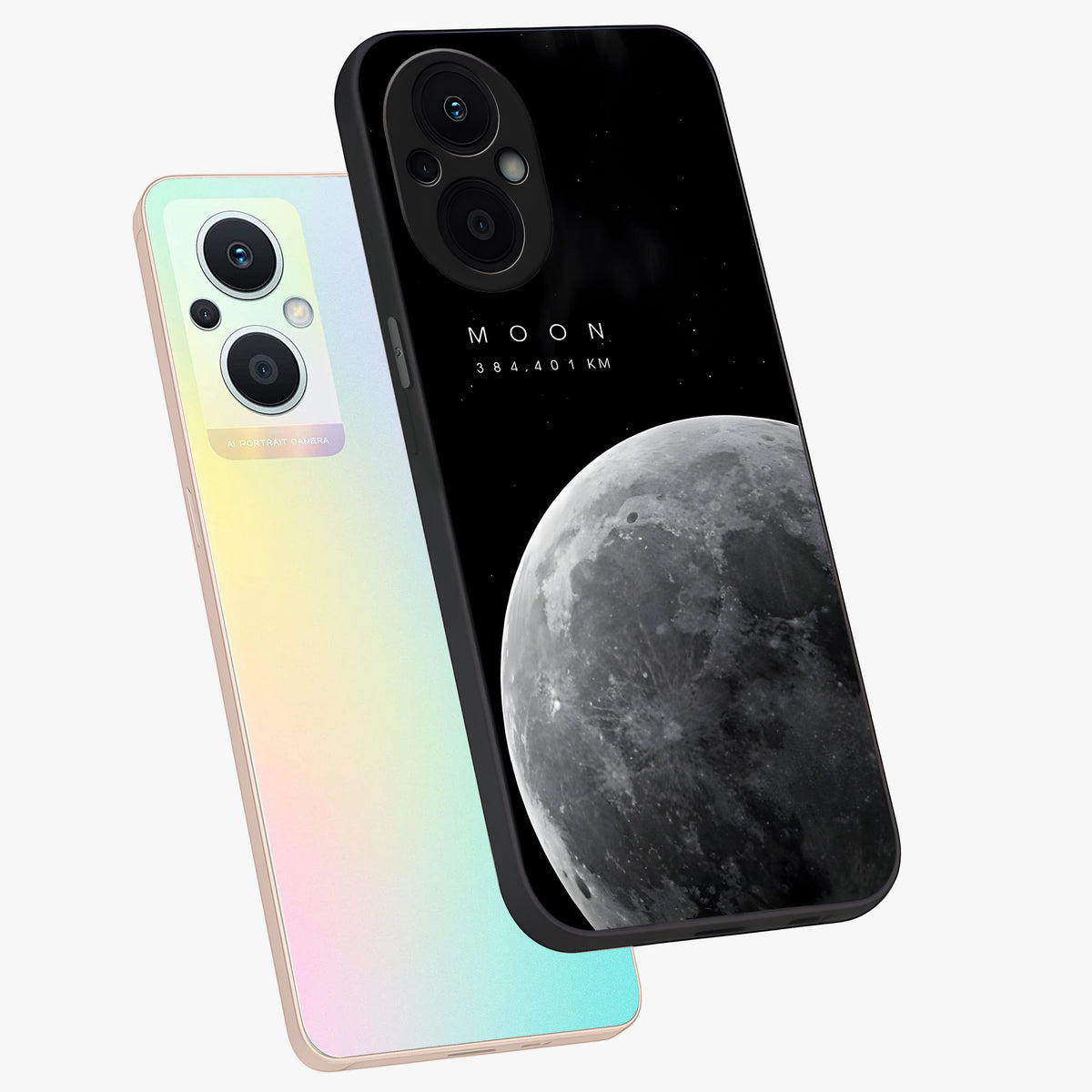 Cosmic Moon Glow Glass Case displayed in angled mockup highlighting celestial moon design with cosmic aesthetic theme.