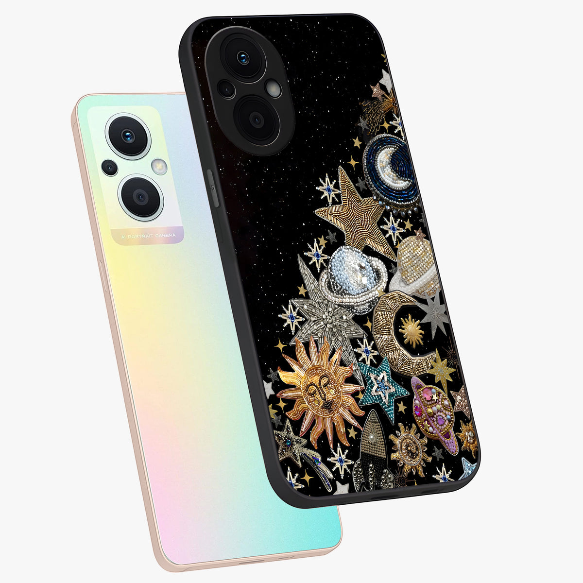 Cosmic Sparkle Dreams Glass Case displayed in angled mockup highlighting dreamy star sparkle design with celestial aesthetic.