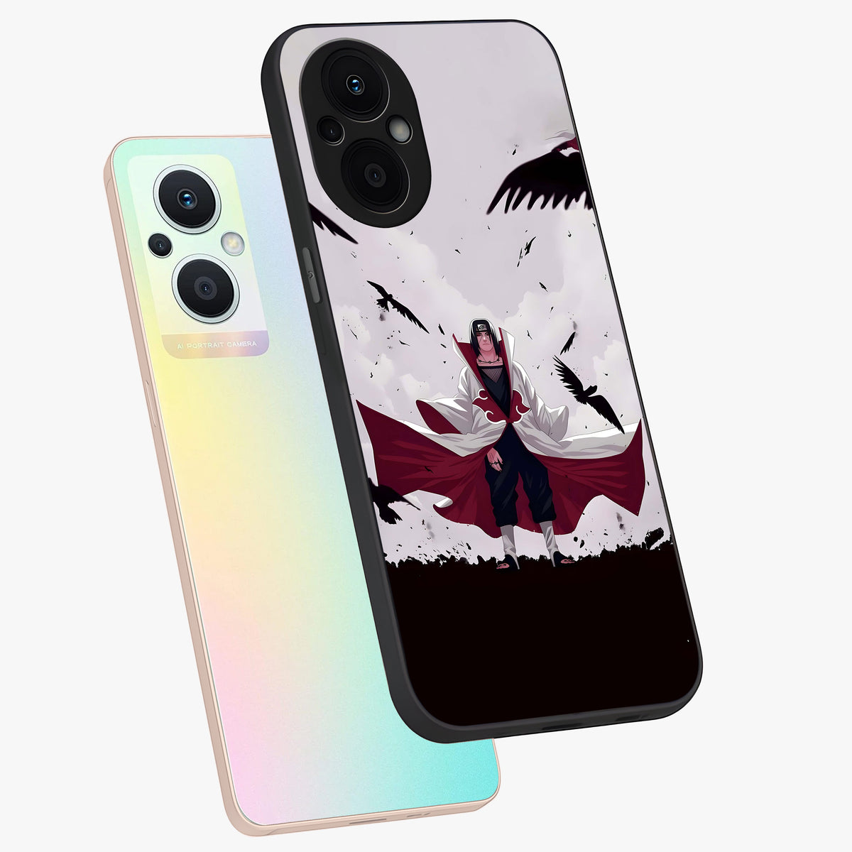 Crimson Crow Ascension Glass Case displayed in angled mockup highlighting powerful crow illustration with dark crimson aesthetic.