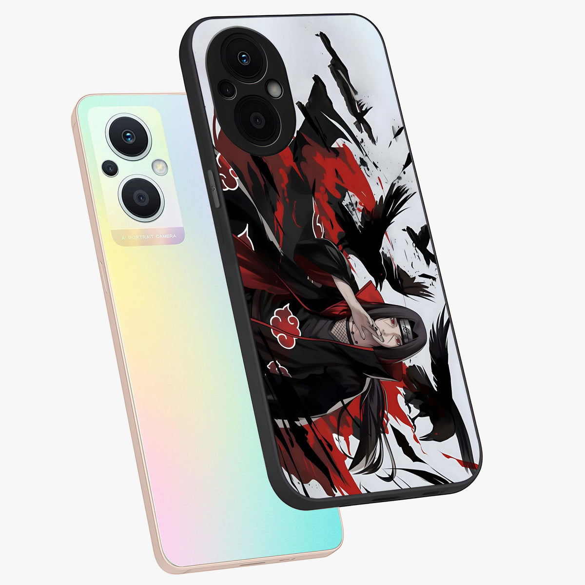 Crimson Crow Illusion Glass Case displayed in angled mockup highlighting mysterious crow graphic with dark aesthetic style.
