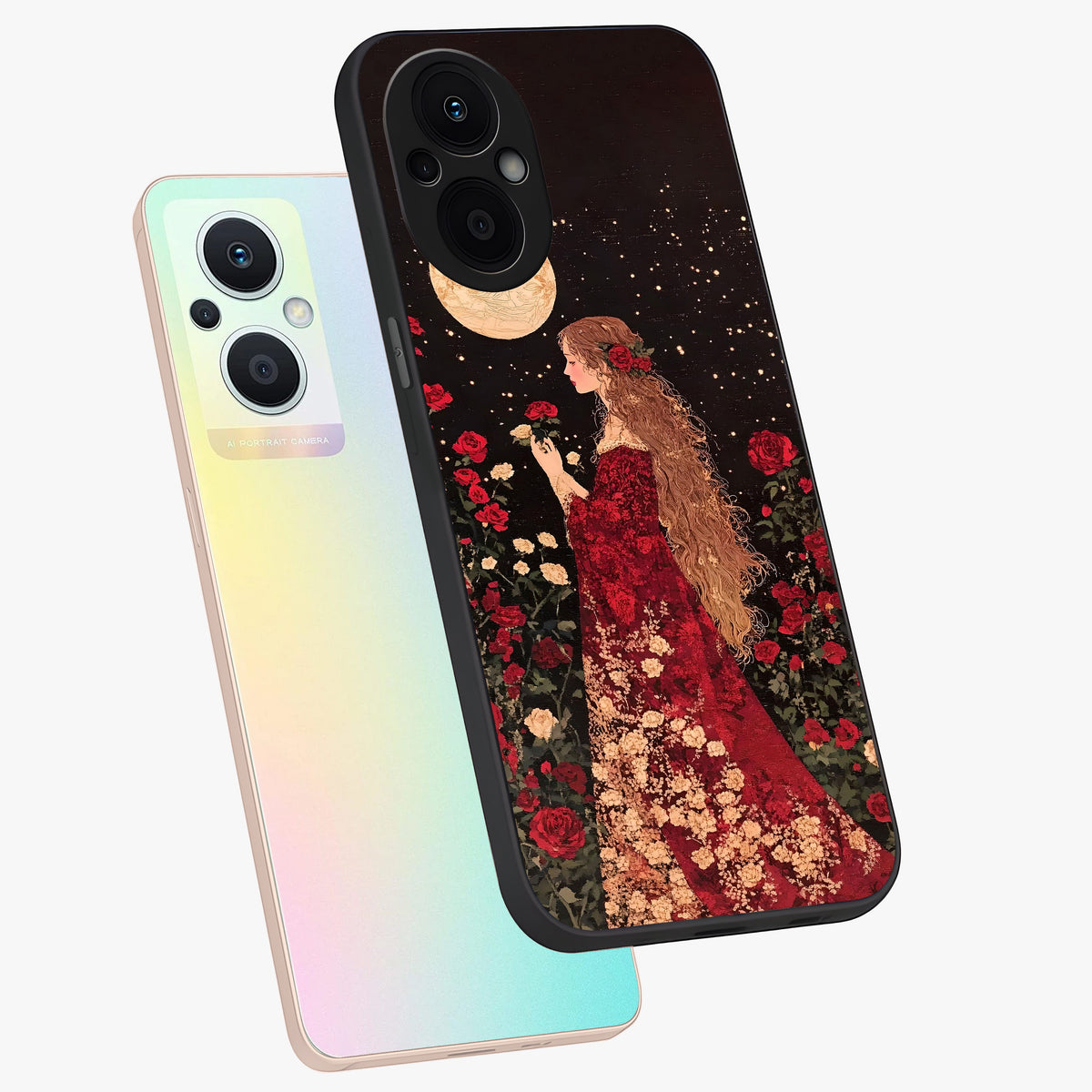 Crimson Dreams Glass Case displayed in angled mockup highlighting soft crimson aesthetic design with artistic theme.