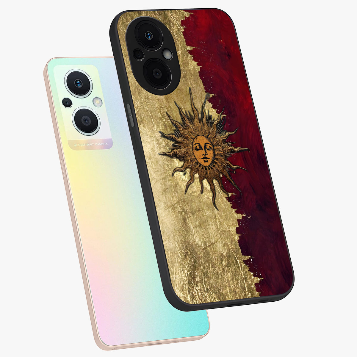 Crimson Sun Majesty Glass Case displayed in angled mockup highlighting majestic crimson sun design with bold aesthetic style.