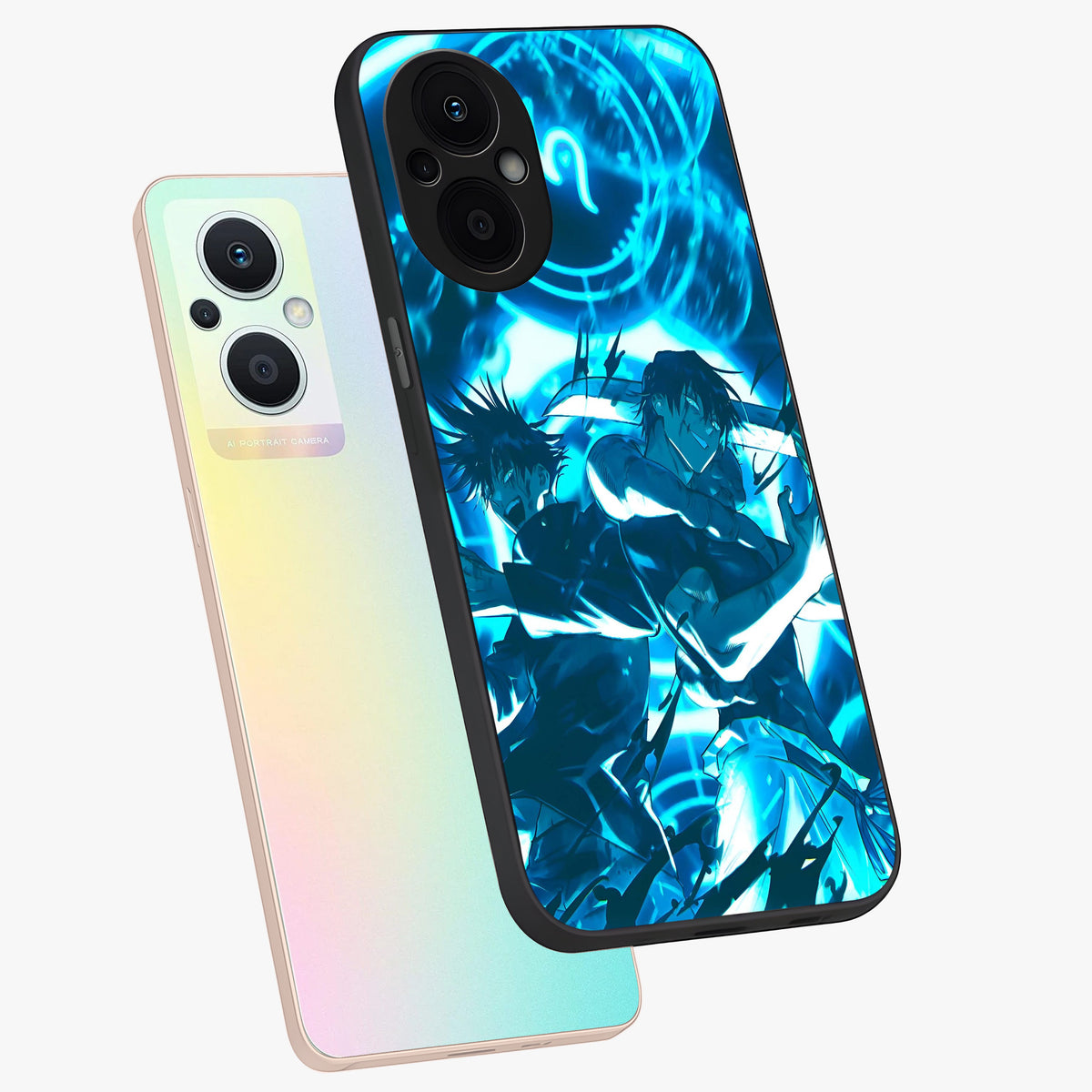 Cursed Energy Clash Glass Case displayed in angled mockup highlighting powerful battle inspired graphic with anime style aesthetic.