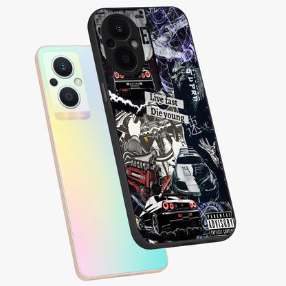Die Young Glass Case displayed in angled mockup highlighting expressive graphic artwork with edgy aesthetic style.