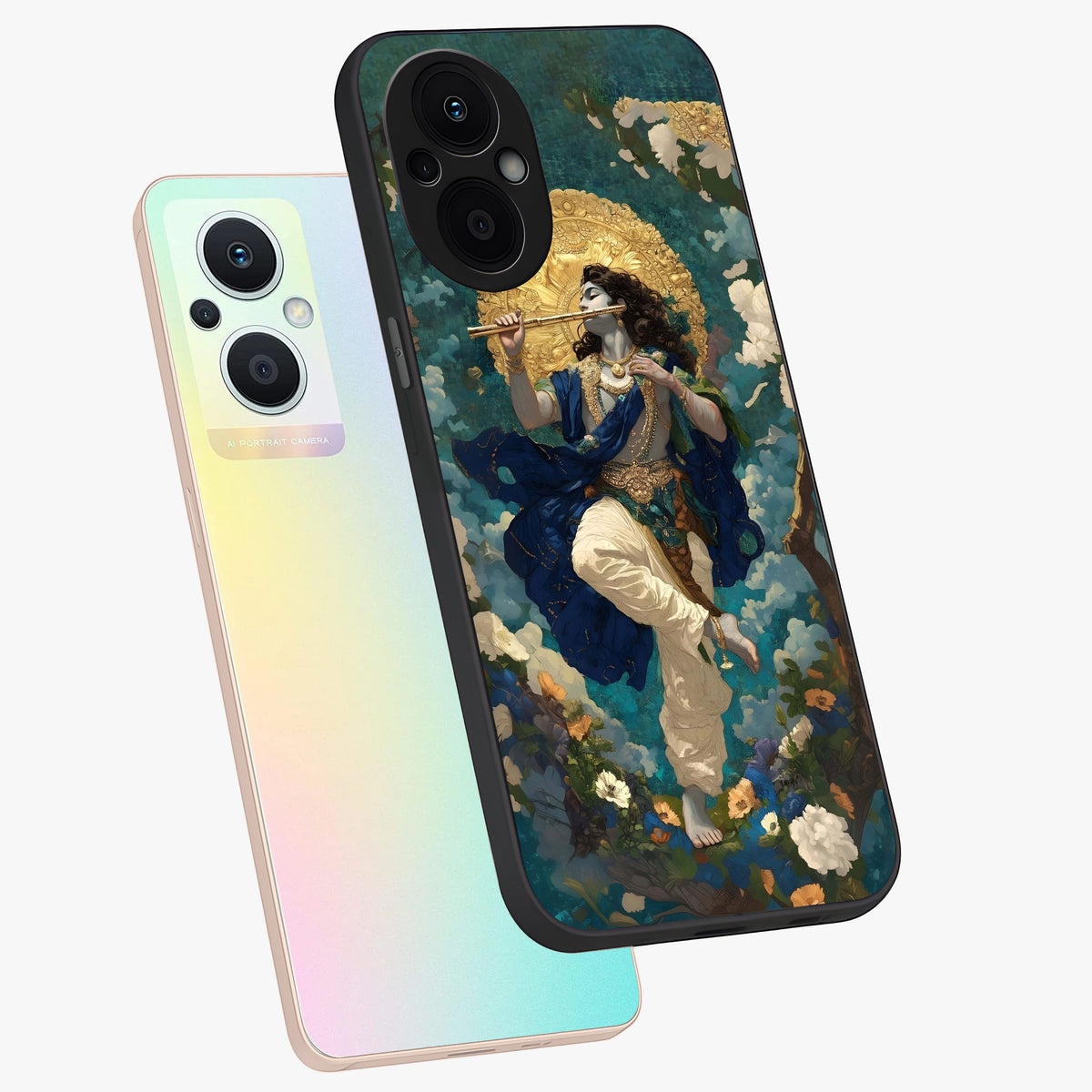 Divine Krishna Art Glass Case displayed in angled mockup highlighting spiritual Krishna illustration with devotional aesthetic.