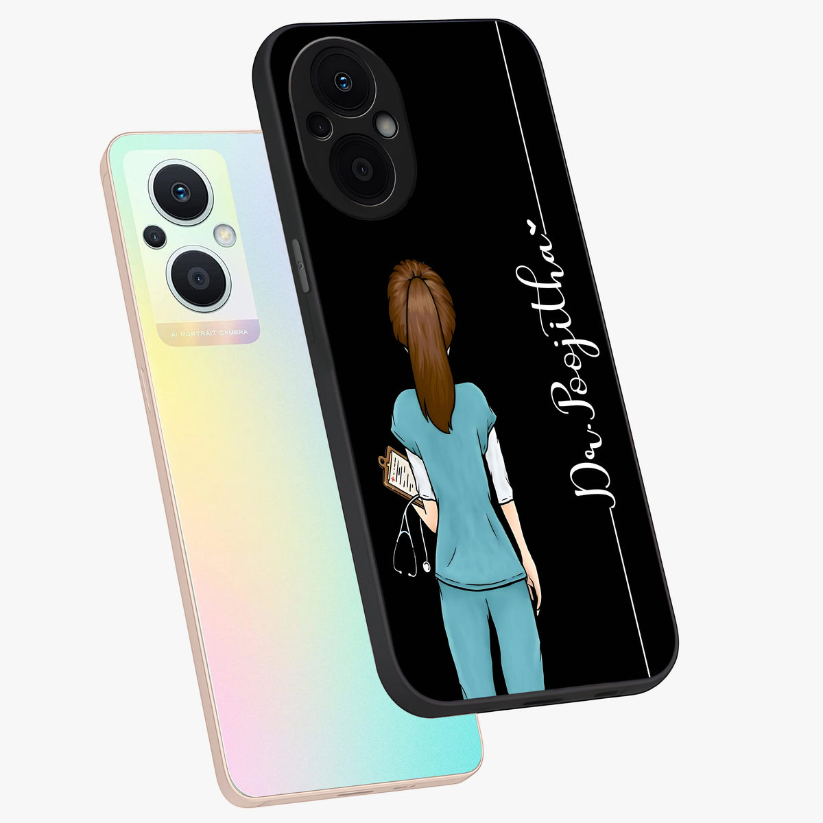 Doctor Pattern Custom Name Glass Case displayed in angled mockup highlighting doctor inspired artwork with custom name feature.