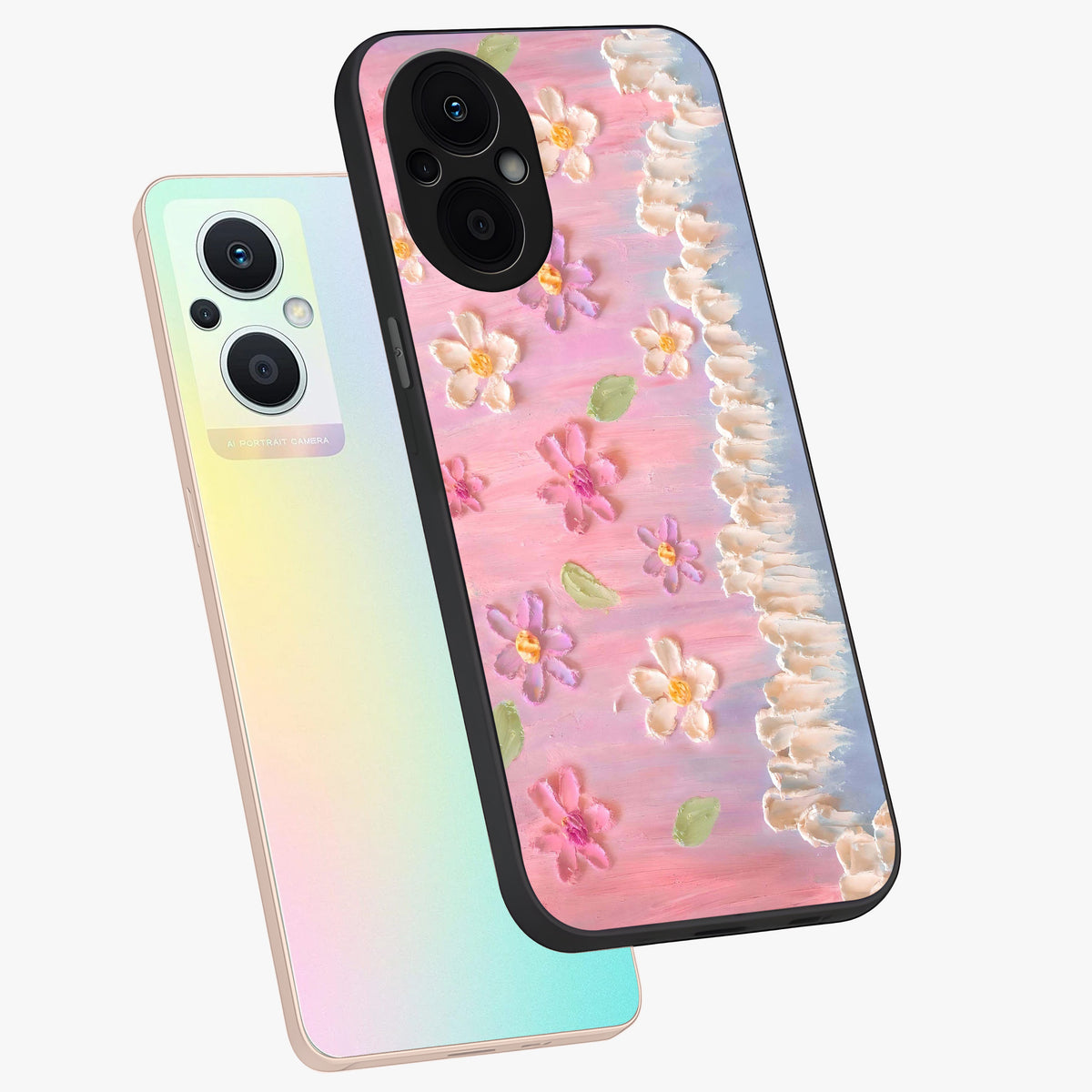 Dreamy Painted Garden Glass Case displayed in angled mockup highlighting colorful garden illustration with dreamy aesthetic style.