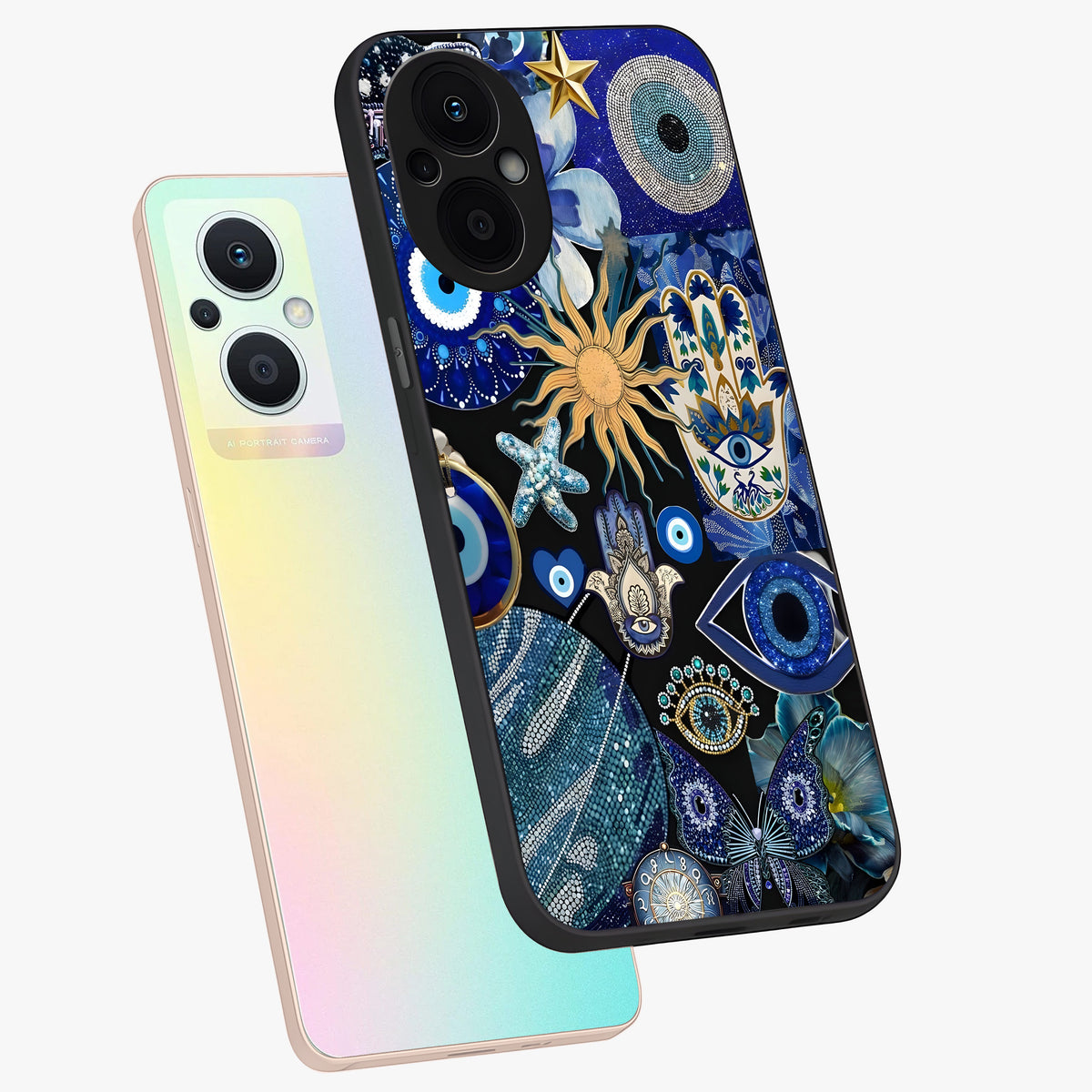 Evil Eye Charm Mix Glass Case displayed in angled mockup highlighting protective evil eye symbols with spiritual aesthetic design.