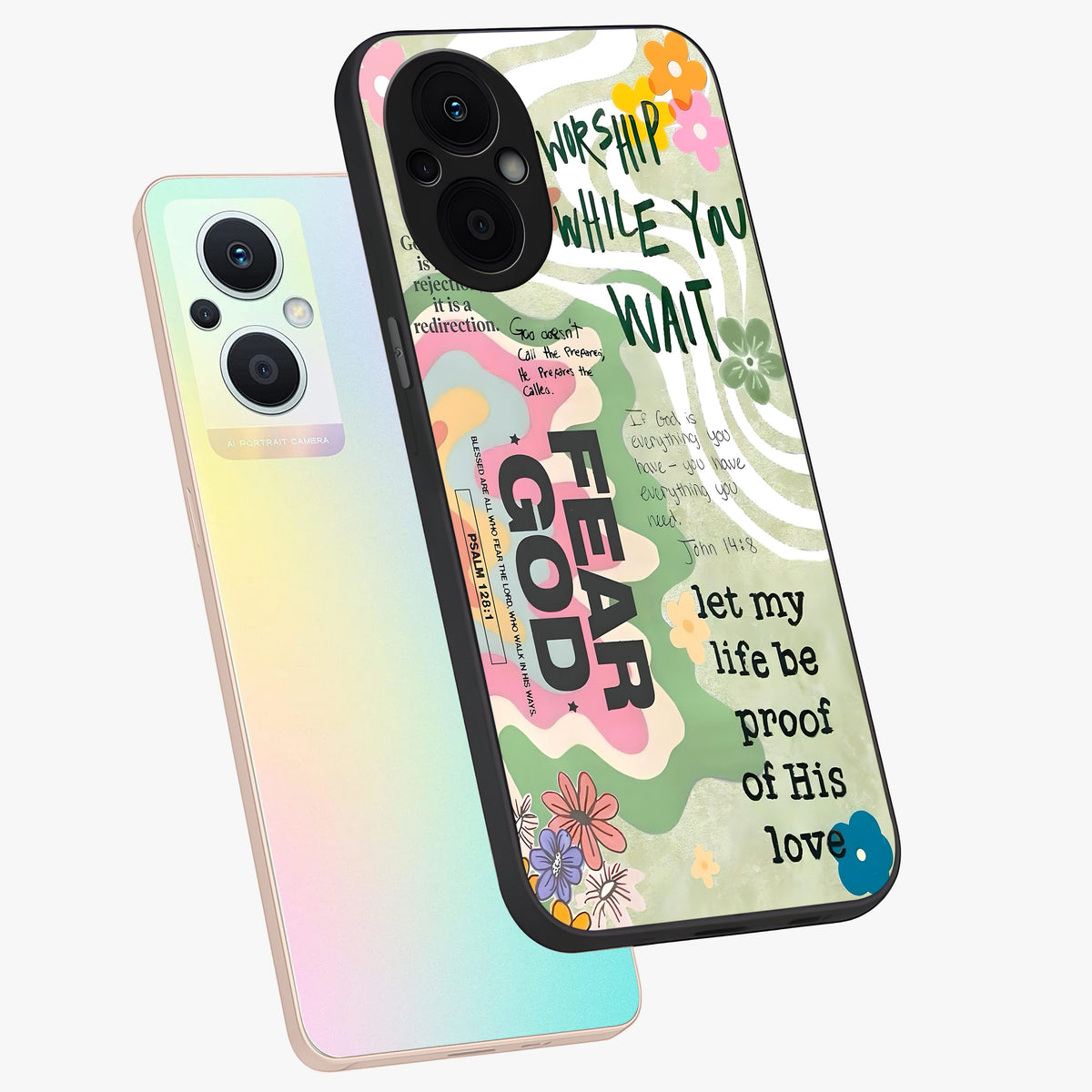Faith Over Fear Glass Case displayed in angled mockup highlighting inspirational message design with modern aesthetic style.