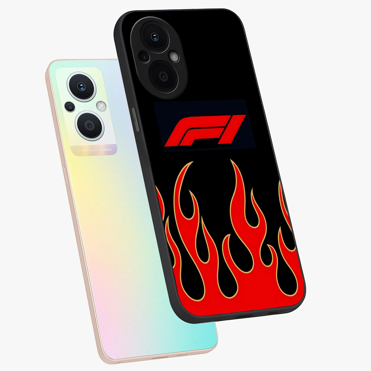 Fire F11 Glass Case displayed in angled mockup highlighting bold fire inspired graphic with energetic aesthetic style.