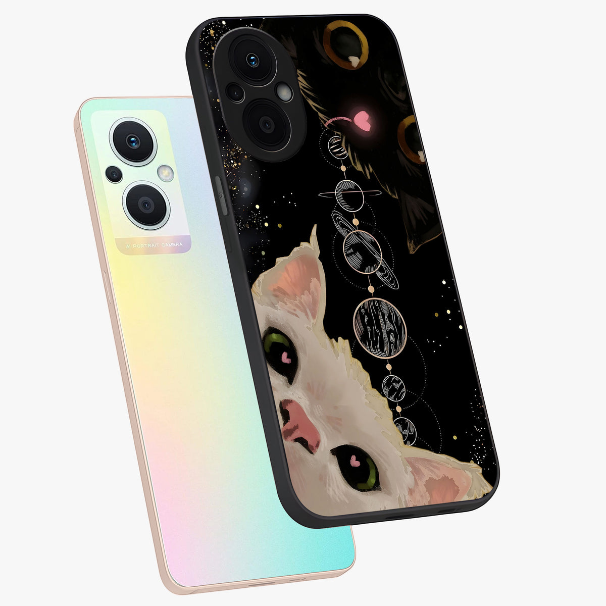 Galactic Cat Glass Case displayed in angled mockup highlighting celestial feline illustration with galaxy aesthetic style.