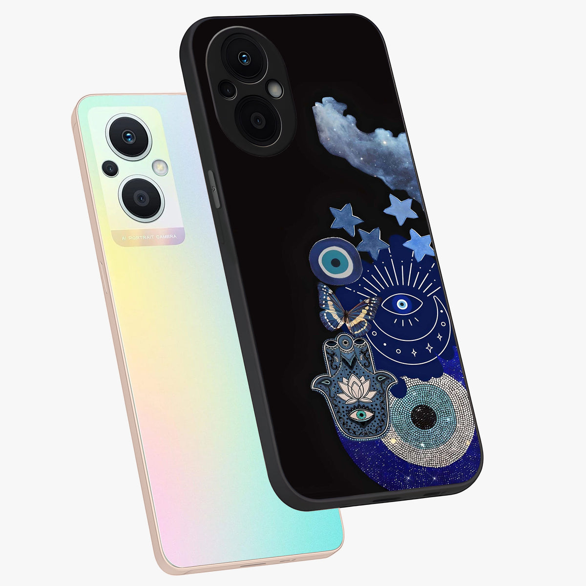 Galactic Charm Cluster Glass Case displayed in angled mockup highlighting luminous galaxy inspired design with dreamy aesthetic.