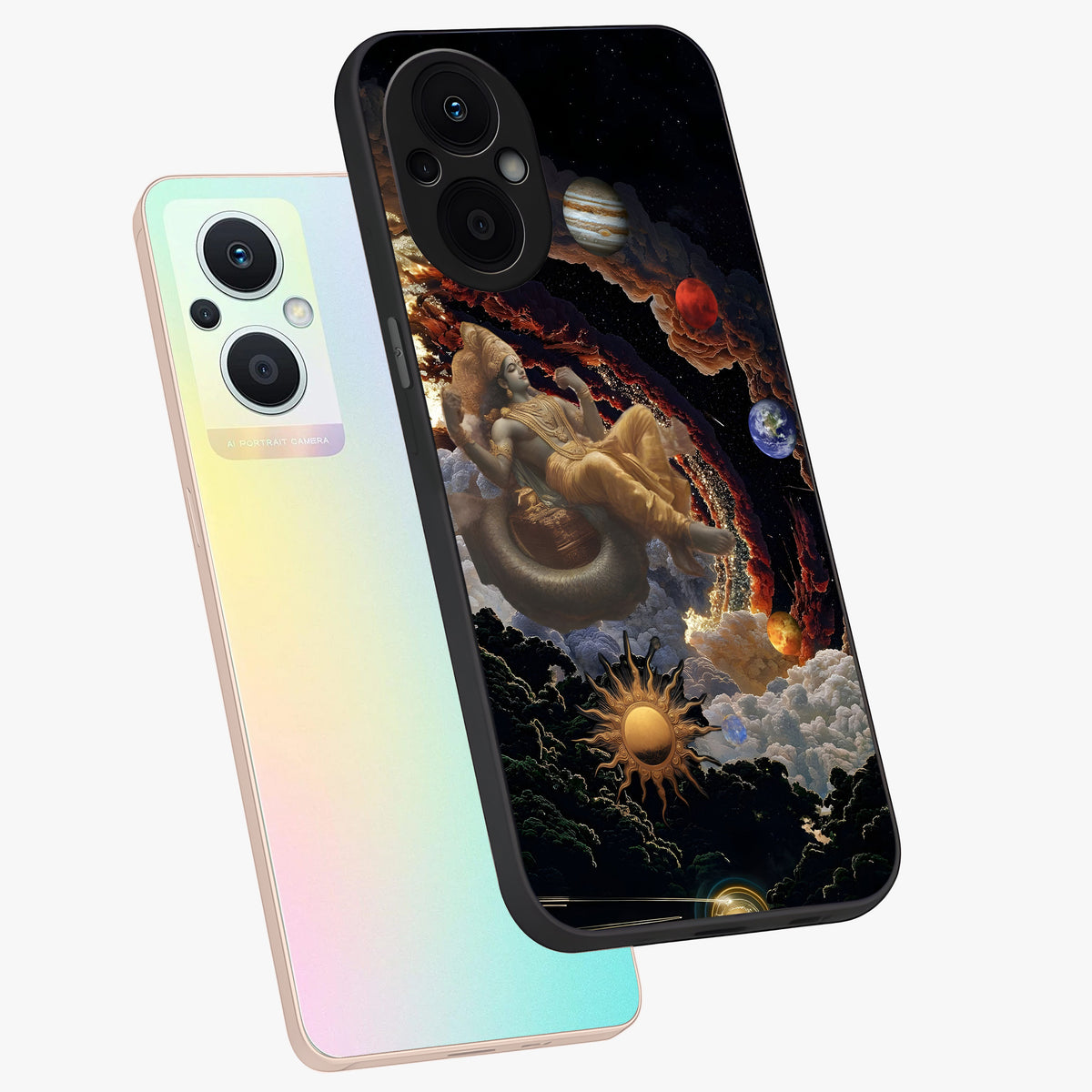 Galactic Divine God Glass Case displayed in angled mockup highlighting powerful celestial deity illustration with galactic aesthetic.