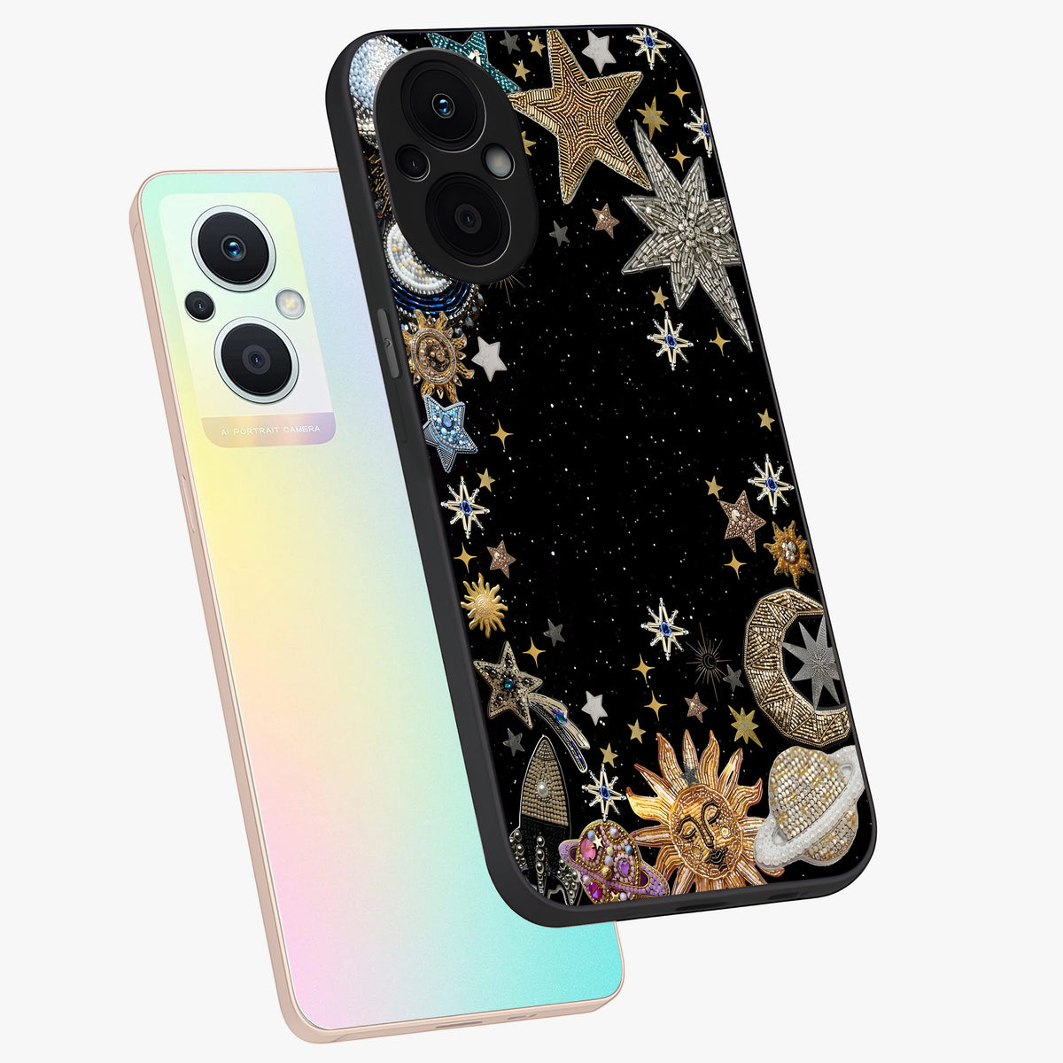 Galactic Jewel Stars Glass Case displayed in angled mockup highlighting shining celestial star design with cosmic aesthetic style.