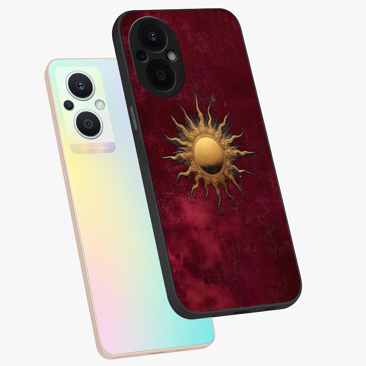 Golden Sun Minimalism Glass Case displayed in angled mockup highlighting clean sun symbol design with modern minimal aesthetic.