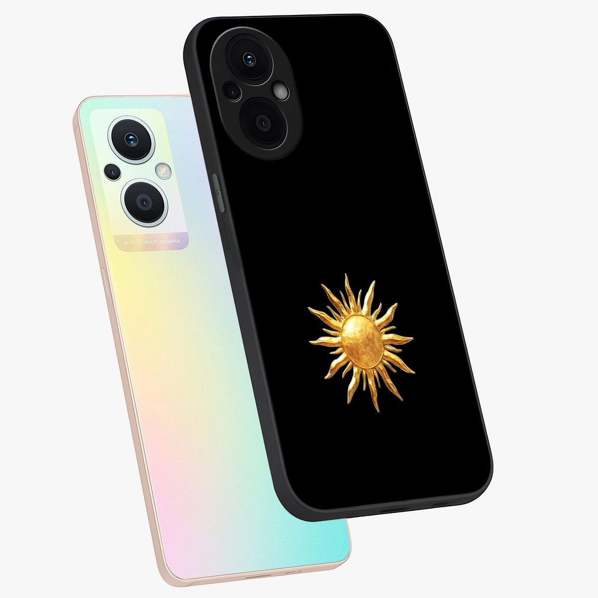 Golden Sun Minimalism Glass Case displayed in angled mockup highlighting eerie shadow illustration with gothic aesthetic.