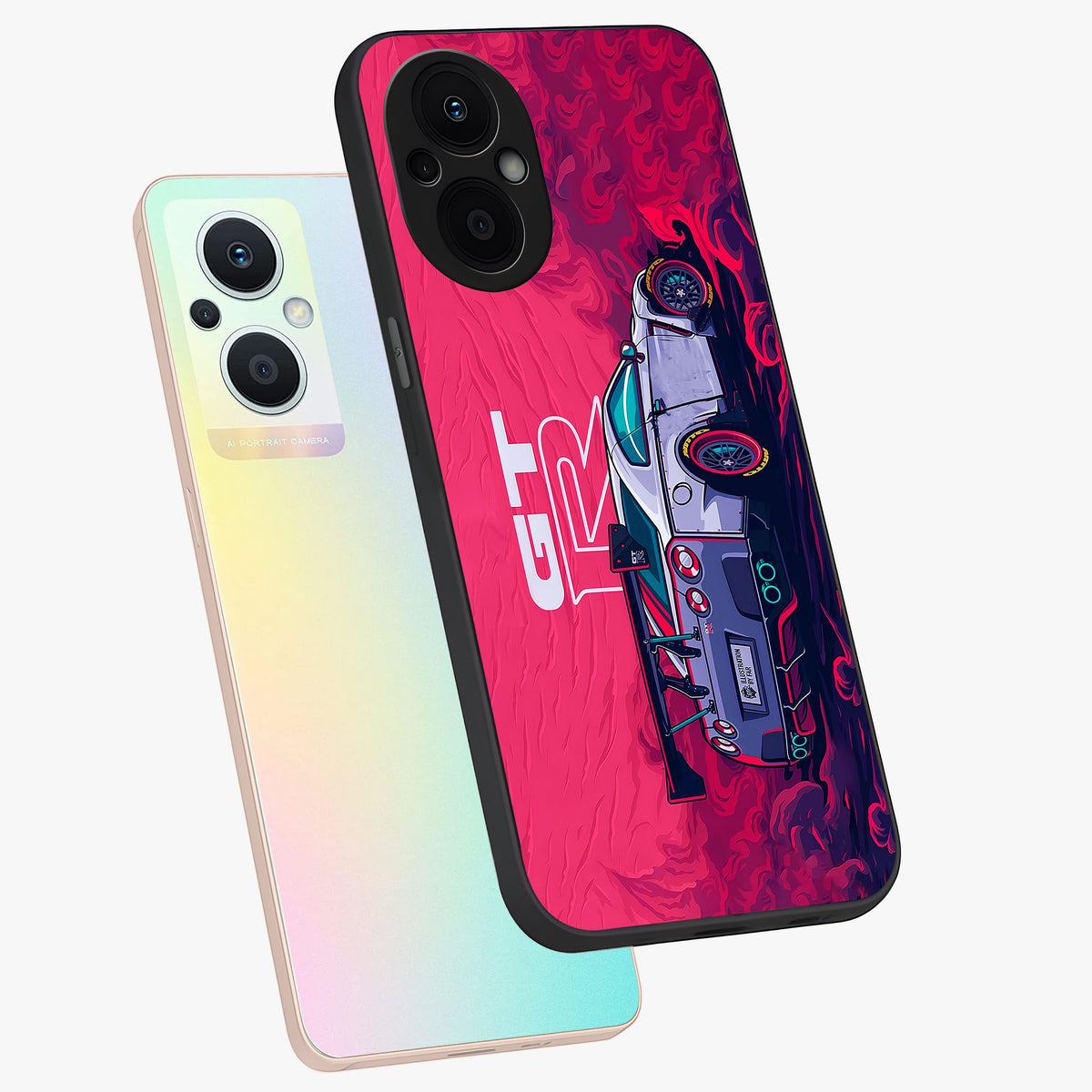 GT-R Car Pattern Glass Case displayed in angled mockup highlighting racing car graphic design with bold automotive aesthetic.