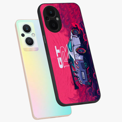 GT-R Car Pattern Glass Case displayed in angled mockup highlighting racing car graphic design with bold automotive aesthetic.
