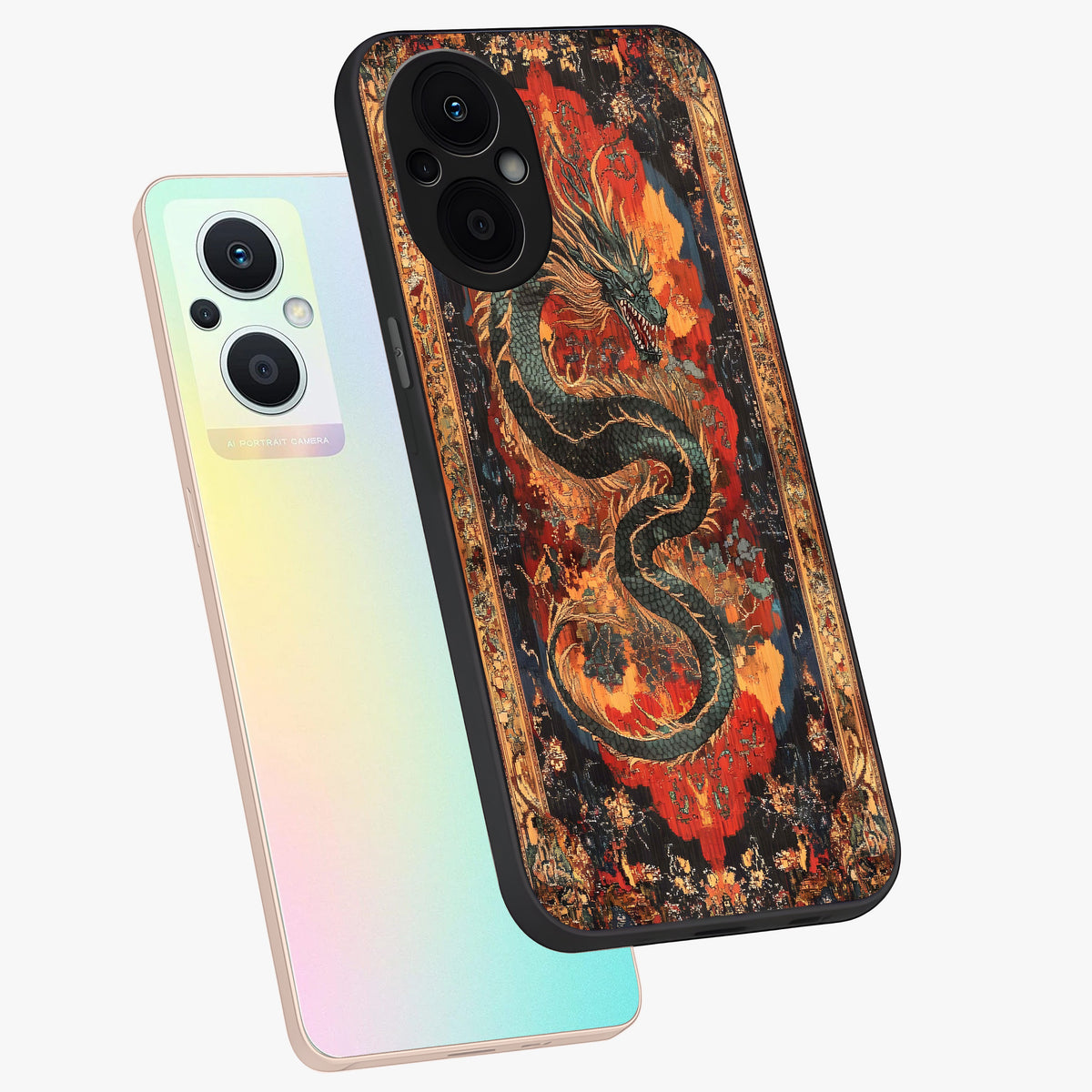 Inferno Dragon Soul Glass Case displayed in angled mockup highlighting powerful dragon illustration with inferno aesthetic.