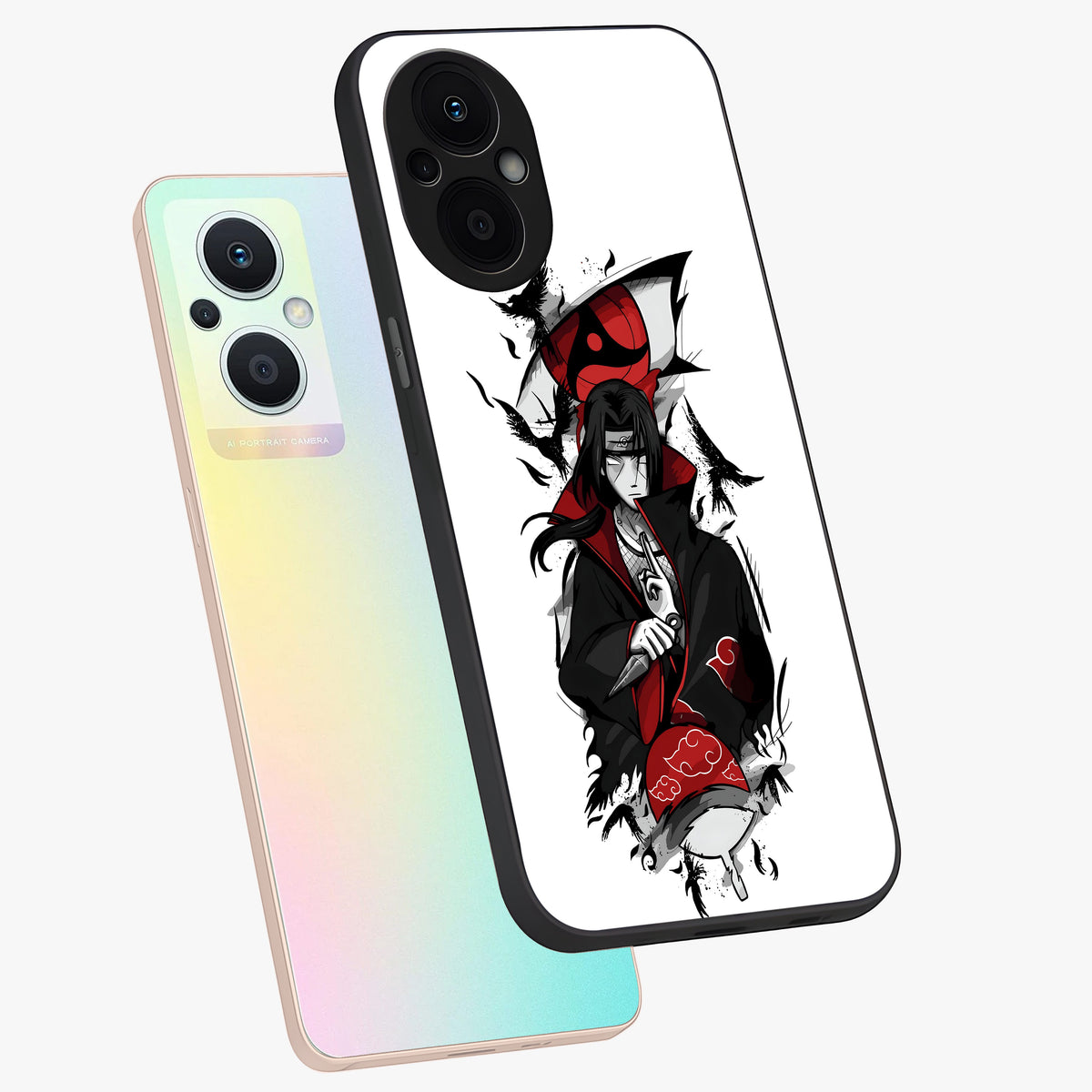 Itachi Limited Edition Naruto Anime Glass Case displayed in angled mockup highlighting dramatic anime illustration with bold action aesthetic.