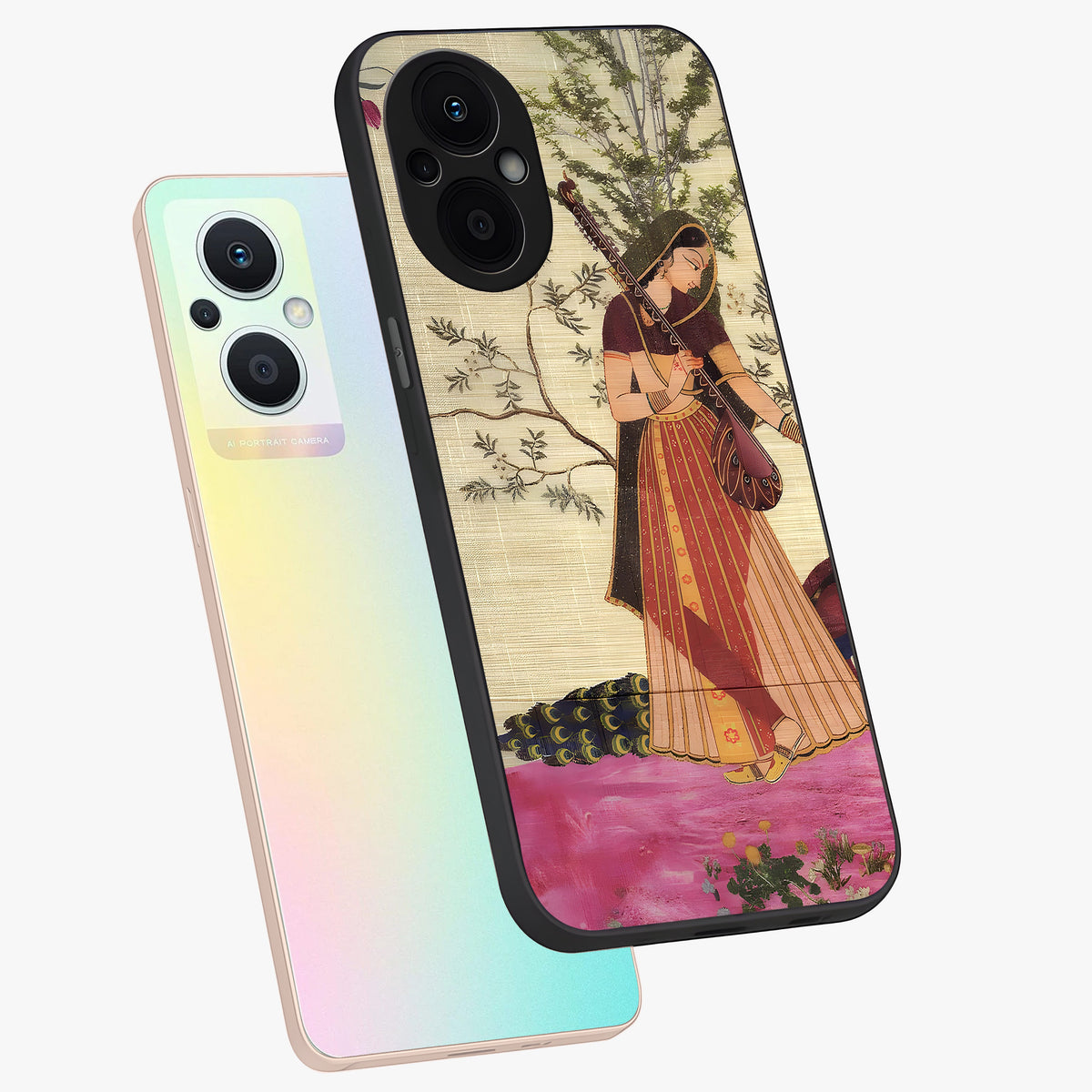 Lady With Veena Art Glass Case displayed in angled mockup highlighting graceful musical illustration with cultural artistic aesthetic.