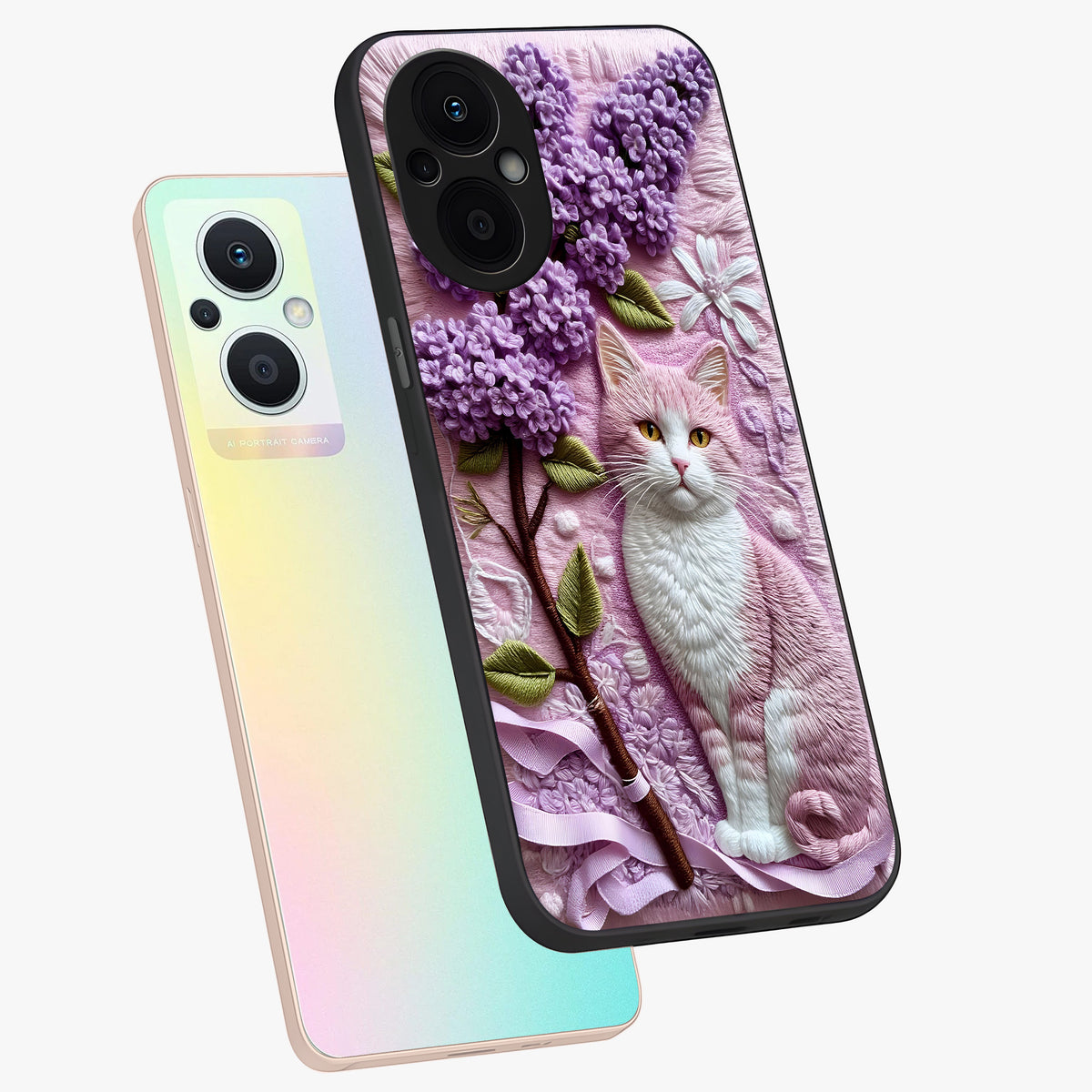 Lavender Cat Whimsy Glass Case displayed in angled mockup highlighting playful feline illustration with pastel lavender aesthetic.