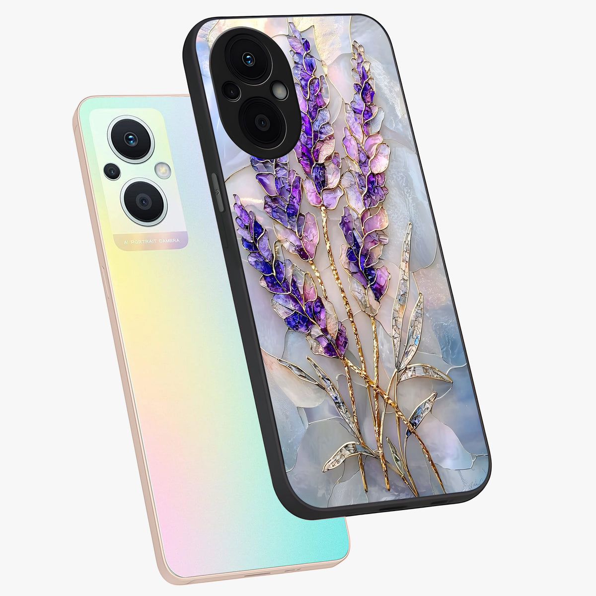 Lavender Dream Glow Glass Case displayed in angled mockup highlighting dreamy purple glow design with soft artistic style.