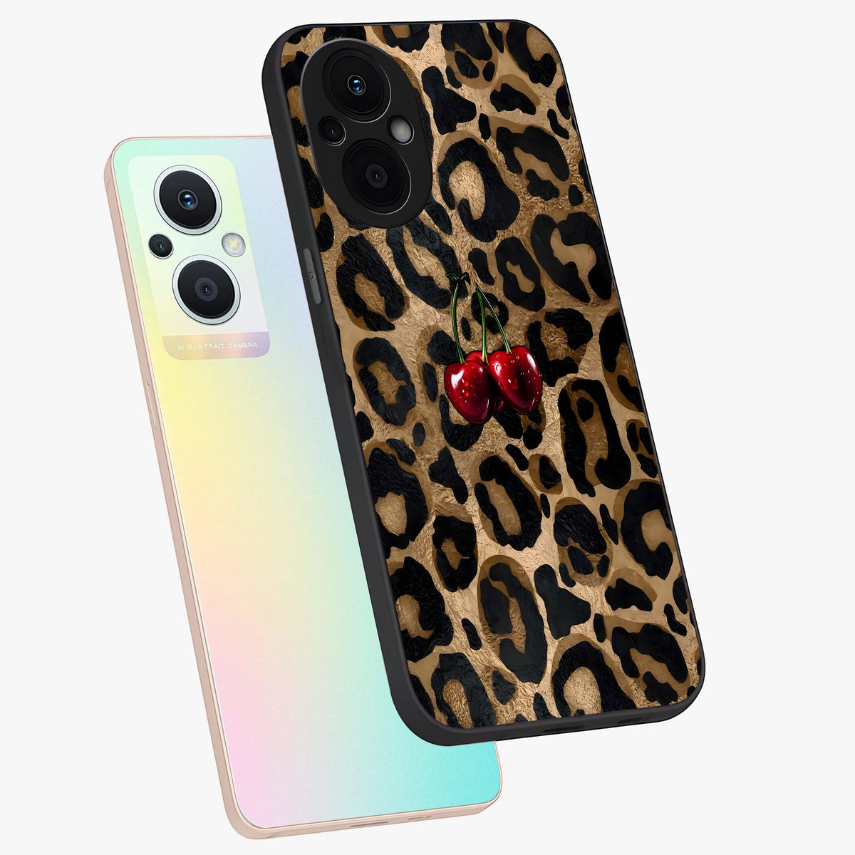 Leopard Wild Cherry Glass Case displayed in angled mockup highlighting bold animal print design with playful cherry aesthetic.