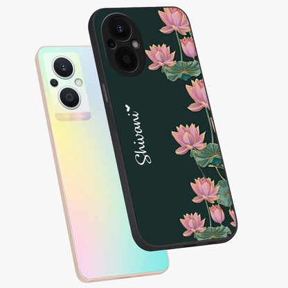 Lotus Bloom Serenity Custom Name Glass Case displayed in angled mockup highlighting graceful lotus illustration with custom name feature.