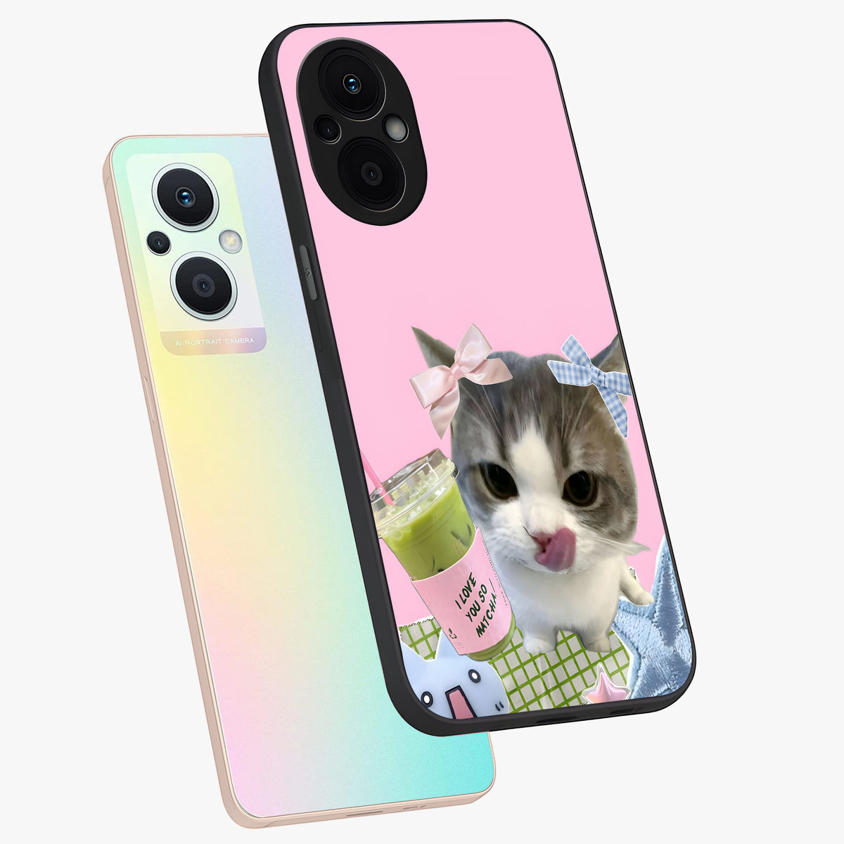 Love Matcha Cat Glass Case displayed in angled mockup highlighting playful feline illustration with cozy matcha aesthetic.