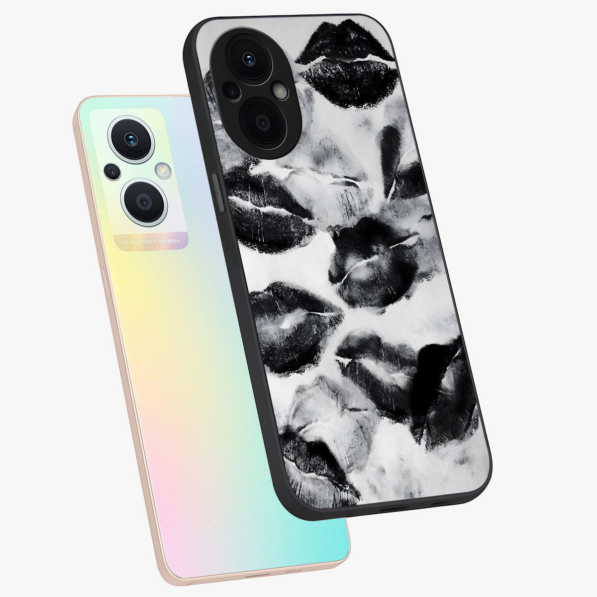 Midnight Kiss Marks Glass Case displayed in angled mockup highlighting playful romantic design with bold midnight aesthetic.