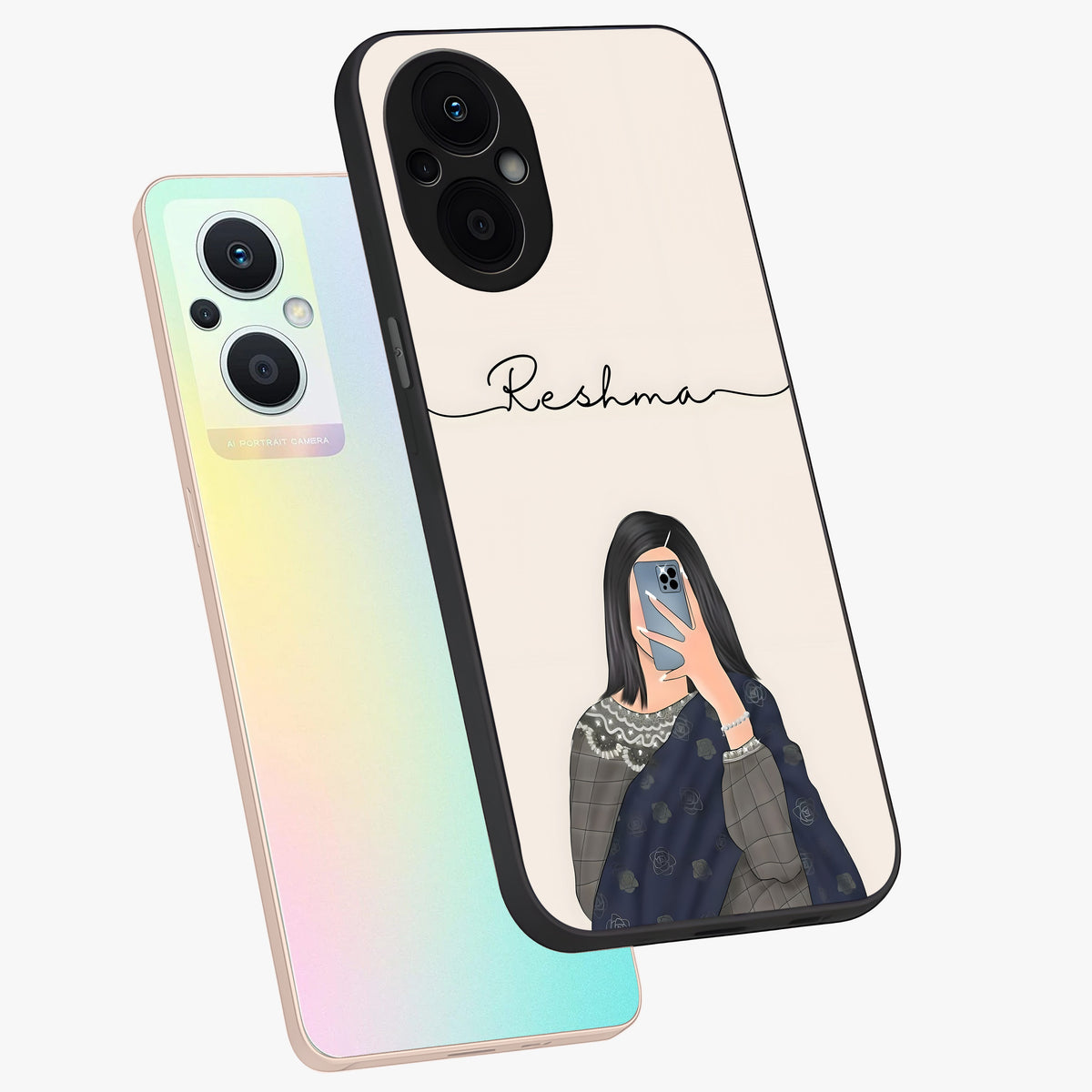 Mirror Mood Muse With Custom Name Glass Case displayed in angled mockup highlighting aesthetic mirror inspired design with custom name feature.
