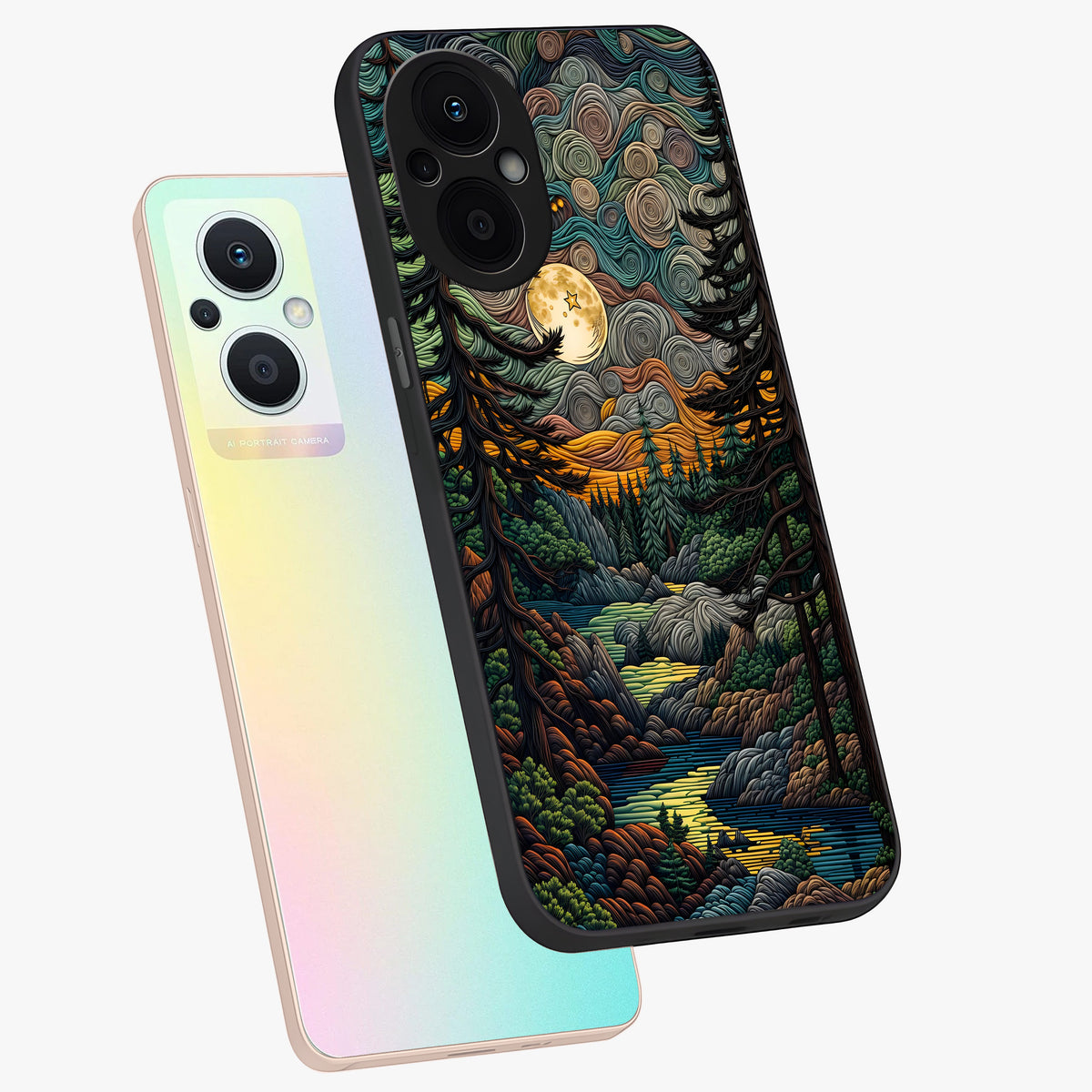 Moonlight Forest Dream Glass Case displayed in angled mockup highlighting dreamy forest design with glowing moon aesthetic.