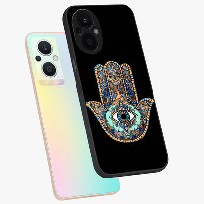 Mystic Hamsa Eye Glass Case displayed in angled mockup highlighting spiritual hamsa symbol with mystical aesthetic style.