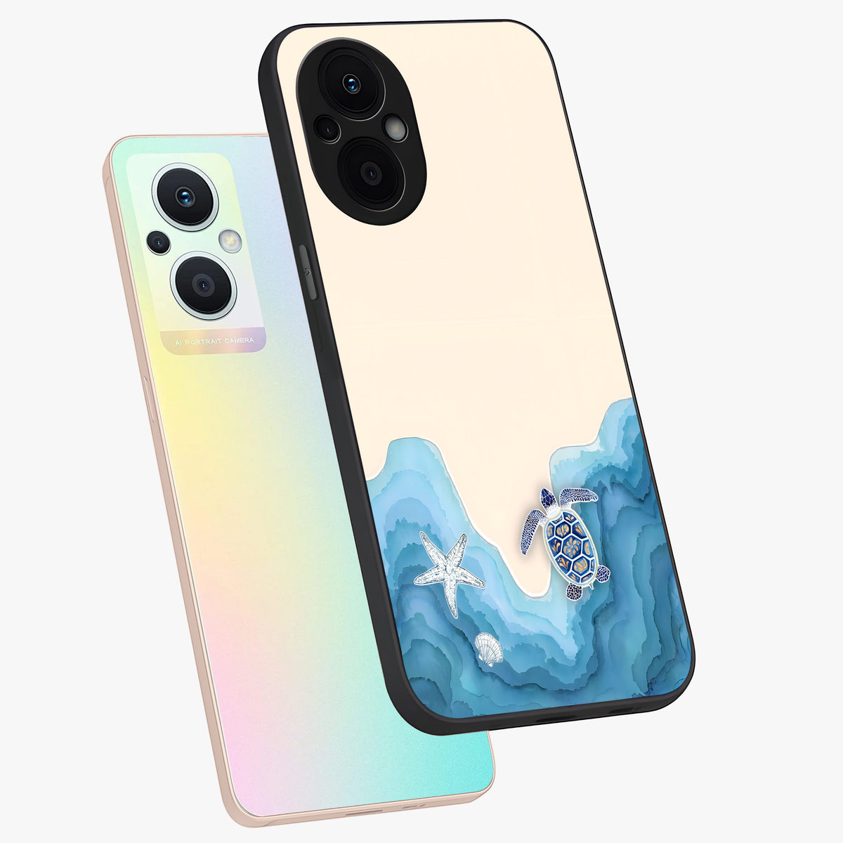 Ocean Drift Turtle Glass Case displayed in angled mockup highlighting peaceful ocean turtle illustration with marine aesthetic.