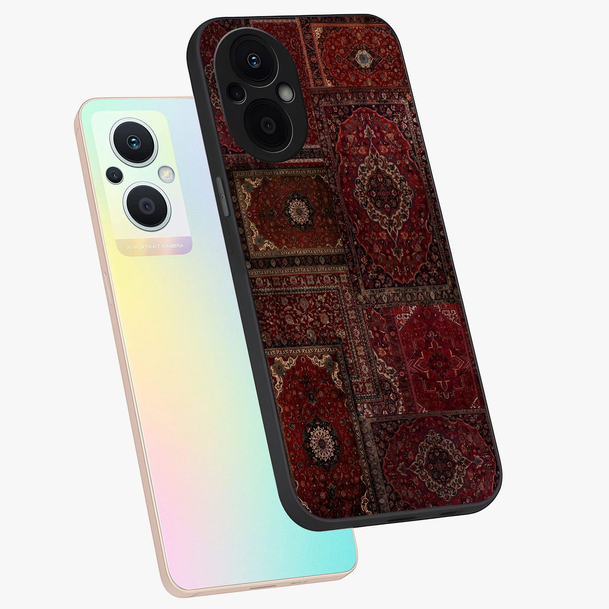 Persian Velvet Tale Glass Case displayed in angled mockup highlighting ornate textile inspired design with royal aesthetic.