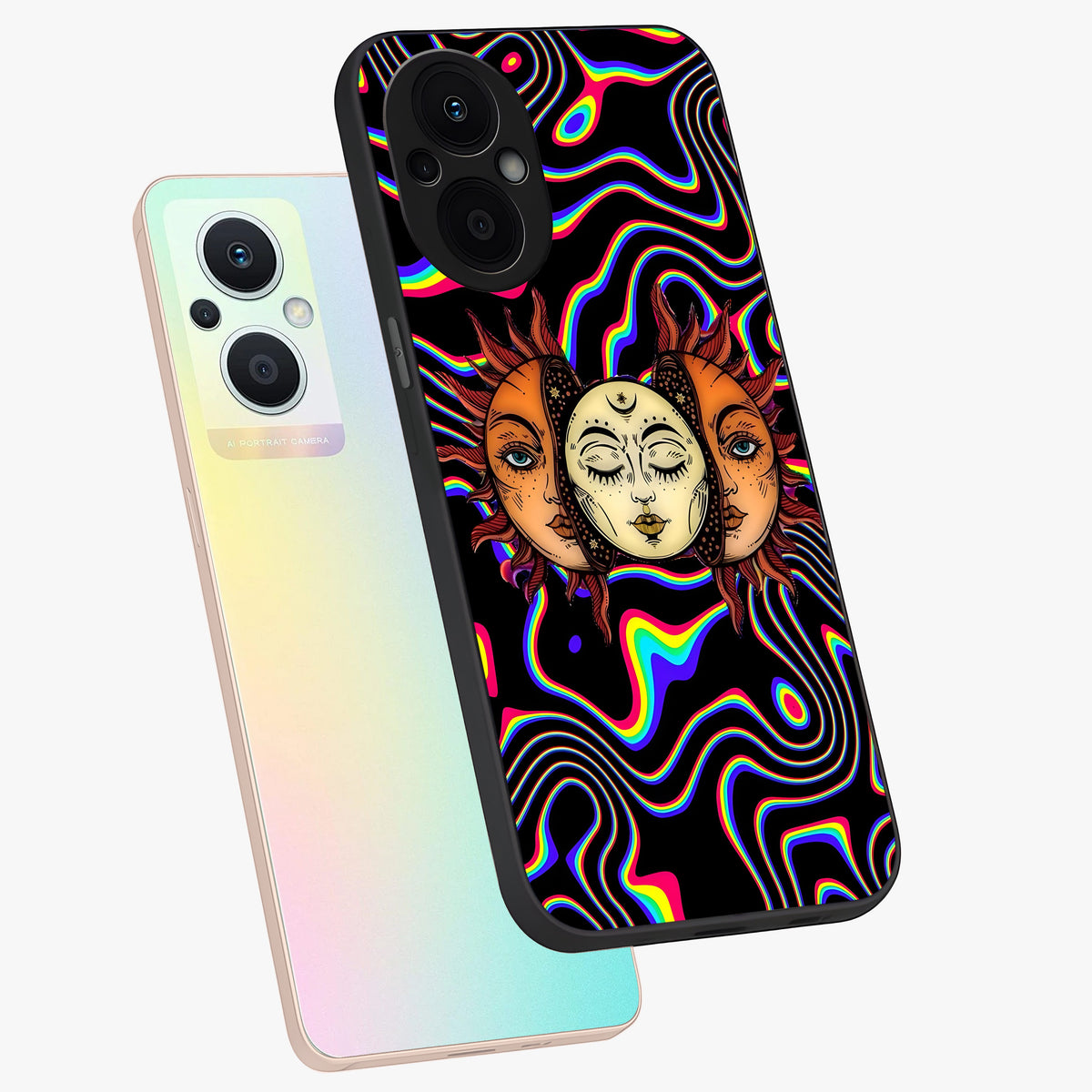 Psychedelic Sun Glass Case displayed in angled mockup highlighting vibrant abstract sun design with artistic aesthetic style.