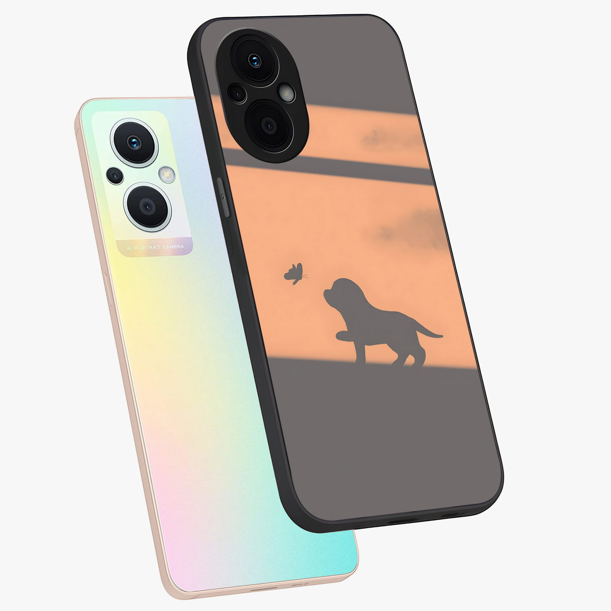 Puppy Shadow Art Glass Case displayed in angled mockup highlighting playful dog illustration with artistic shadow aesthetic.