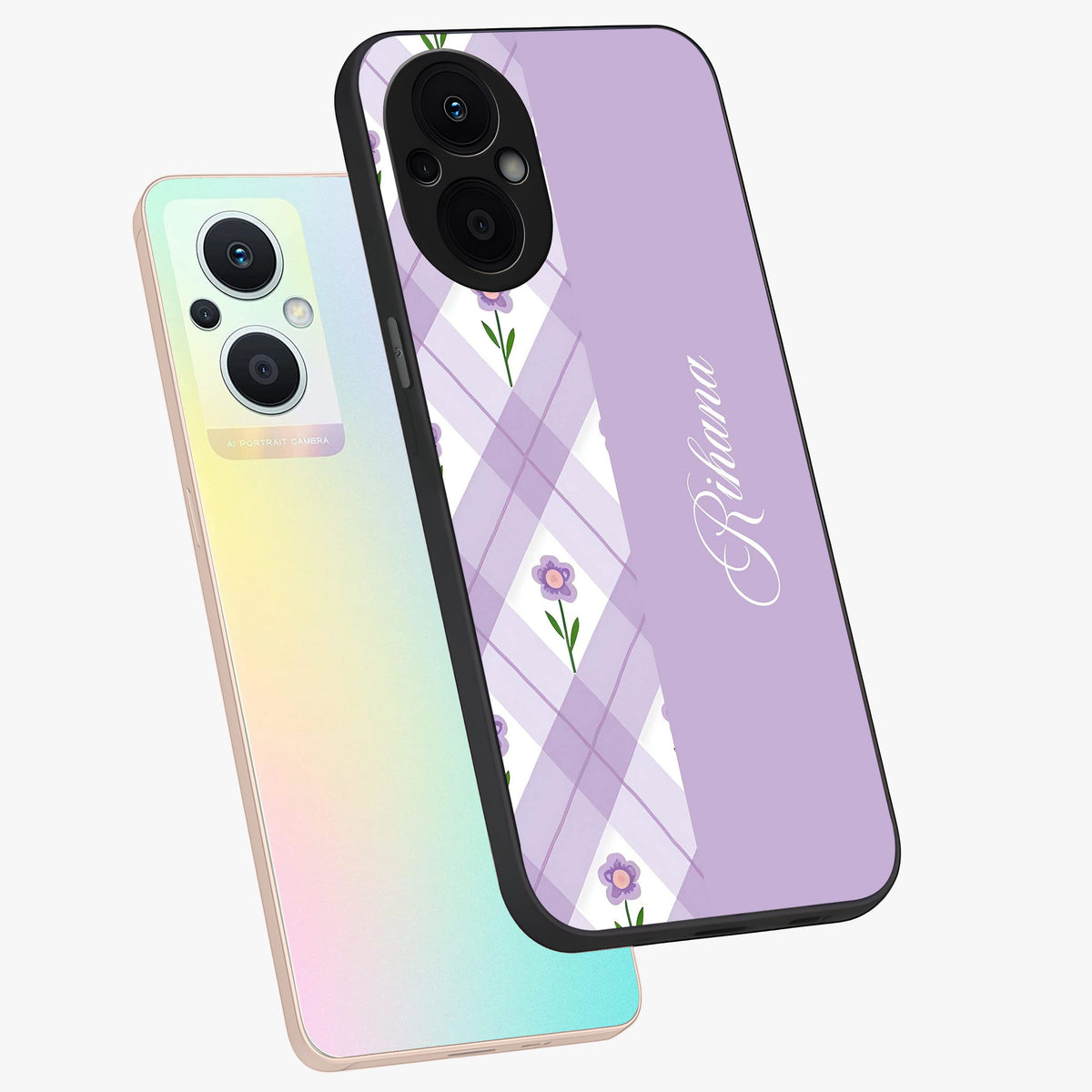 Purple Diamond Floral Glass Case displayed in angled mockup highlighting elegant purple flower design with decorative pattern.