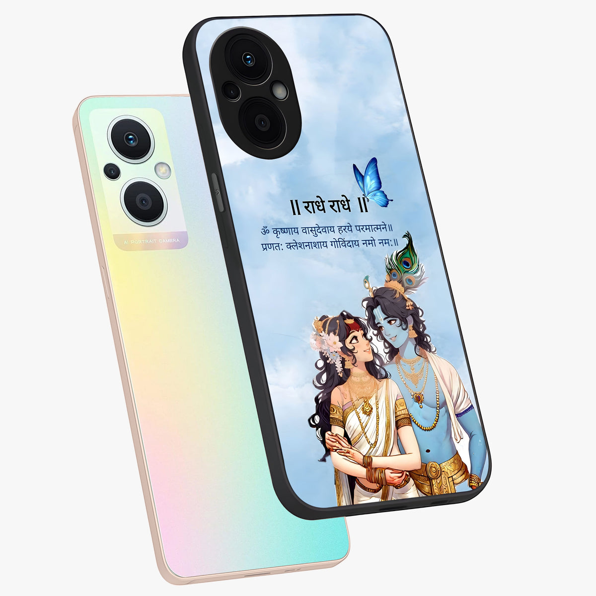 Radha Krishna Eternal Glass Case displayed in angled mockup highlighting divine Radha Krishna illustration with spiritual aesthetic.